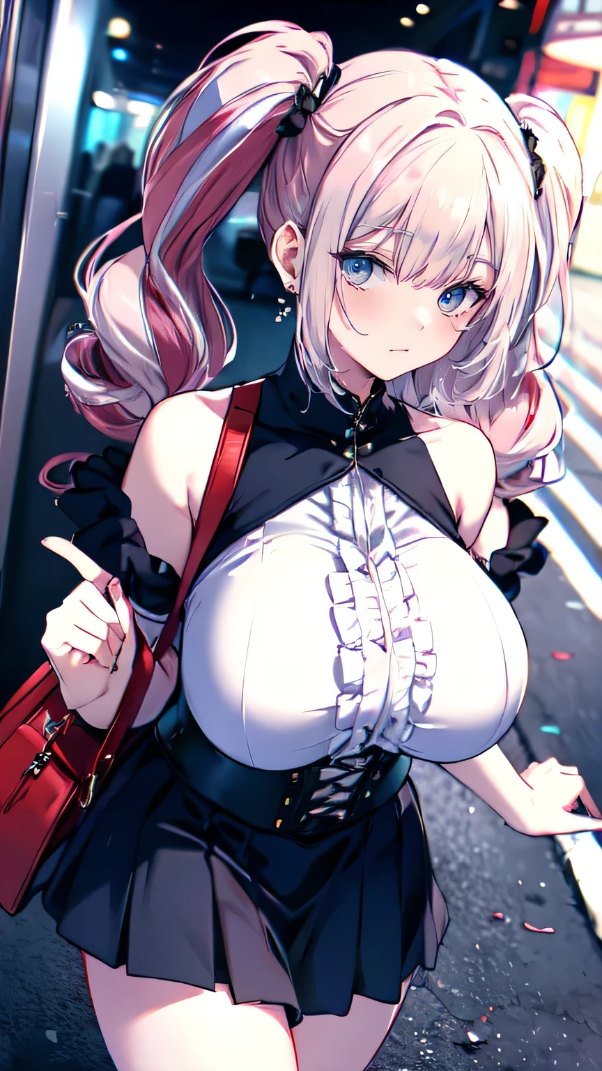 Saggy breasts,Mature Woman,Huge breasts, Huge breasts,alone,fix,((teasing)),eye shadow,lip,Glossy eyelashes,Pink Hair,Black Hair, ((Two-tone hair)),Twin tails,Earrings, Detailed decoration, oh,Half-eye,Embroidered, corset, Suspender skirt, Frilled Skirt, Off-the-shoulder knit, Extra large size, Baggy clothes, lipニット, Puff sleeves, Long Hair, Curly Hair,From an angle,Dynamic Angle, throw,From above ,(Hand Focus),(((pastel colour))), Wide-angle,Walking around the city, bag,