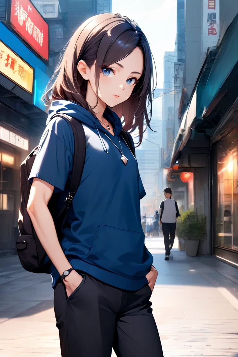 thin, slight muscles, fit female high school  with long dark hair and dark blue eyes, wearing a blue hoodie and black pants in a city setting. Small ???????. Flat ?????. backpack and necklace.