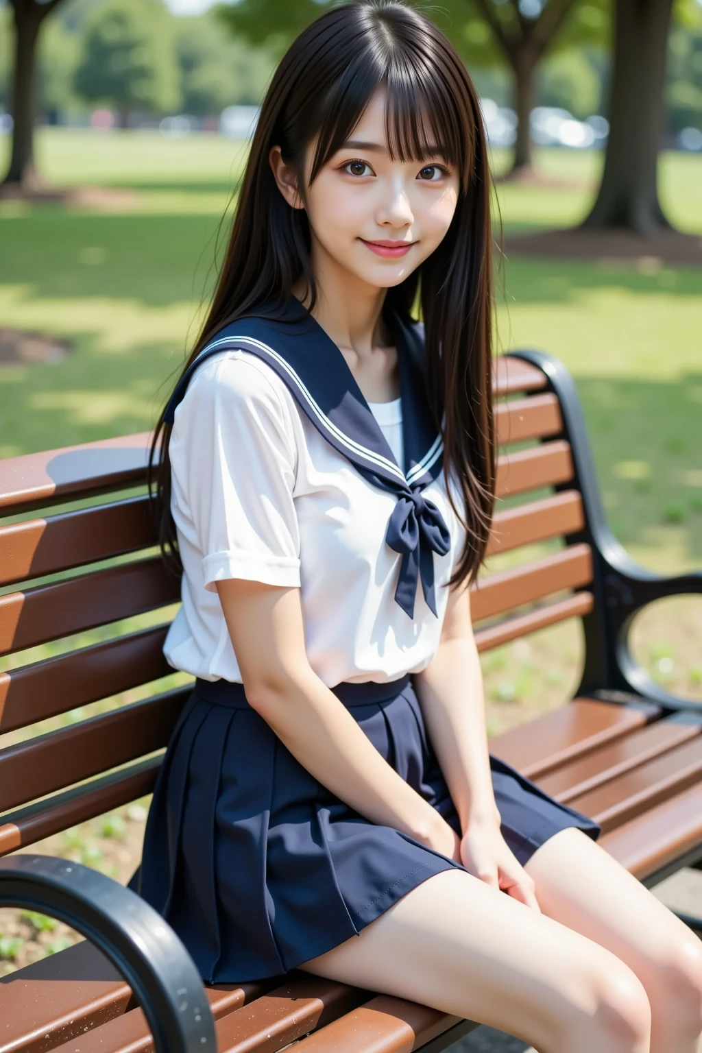 masterpiece, highest quality, 8K, , RAW photo, disorganized, award-winning portraits, alone, noon, idol face, delicate face, Digital single-lens reflex camera, looking at the viewer, shy smile、shame、flushed cheeks、thin arms, small breasts, nipples, small ass、thin waist、Frank, Sophisticated, like々New, thin arms, professional lighting, film grain, black eyes, chromatic aberration, (detailed eyes and face:1.0), (Bokeh:1.1),(hyper pretty face:1.3),(medium black hair:1.4), japan school student sailor uniform, (pleated mini skirt:1.3), white blouse and school ribbon, (cute panties, high detailed, pale color, high detailed:1.4), above the knee, (angle from front:1.3), hair blowing in the wind