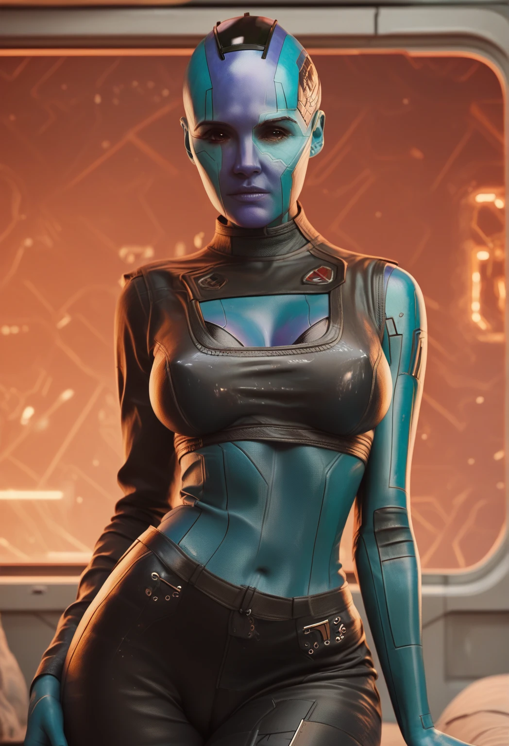 Nebula from Guardians of the Galaxy, movie accurate appereance, blue skin, no hair, bald head, mean look, cybernetic implant on one eye and face, cyborg, cybernetic prostetic arm, combat stance, highly detailed, vibrant appearance, creative behavior, extremly detailed, imaginative, sensual, spontaneous, highest quality, skin texture, intricate details, (cinematic lighting), RAW photo, 8k, masterpiece,best quality,ultra-detailed,very detailed illustrations,extremely detailed,intricate details,highres,super complex details,extremely detailed 8k cg wallpaper,