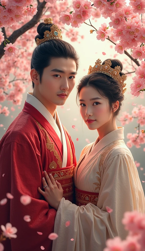 A age Korean prince boy from before with his crown and luxurious red Hanbok with a very beautiful Korean girl with a noble Hanbok, Cherry blossoms . Realistic for book cover 