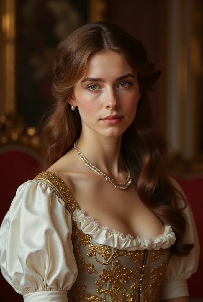 stunningly beautiful Polish noble woman with striking eyes and flowing hair, slim face, small chin, delicate lips, fancy dress, fancy room, big , smooth skin