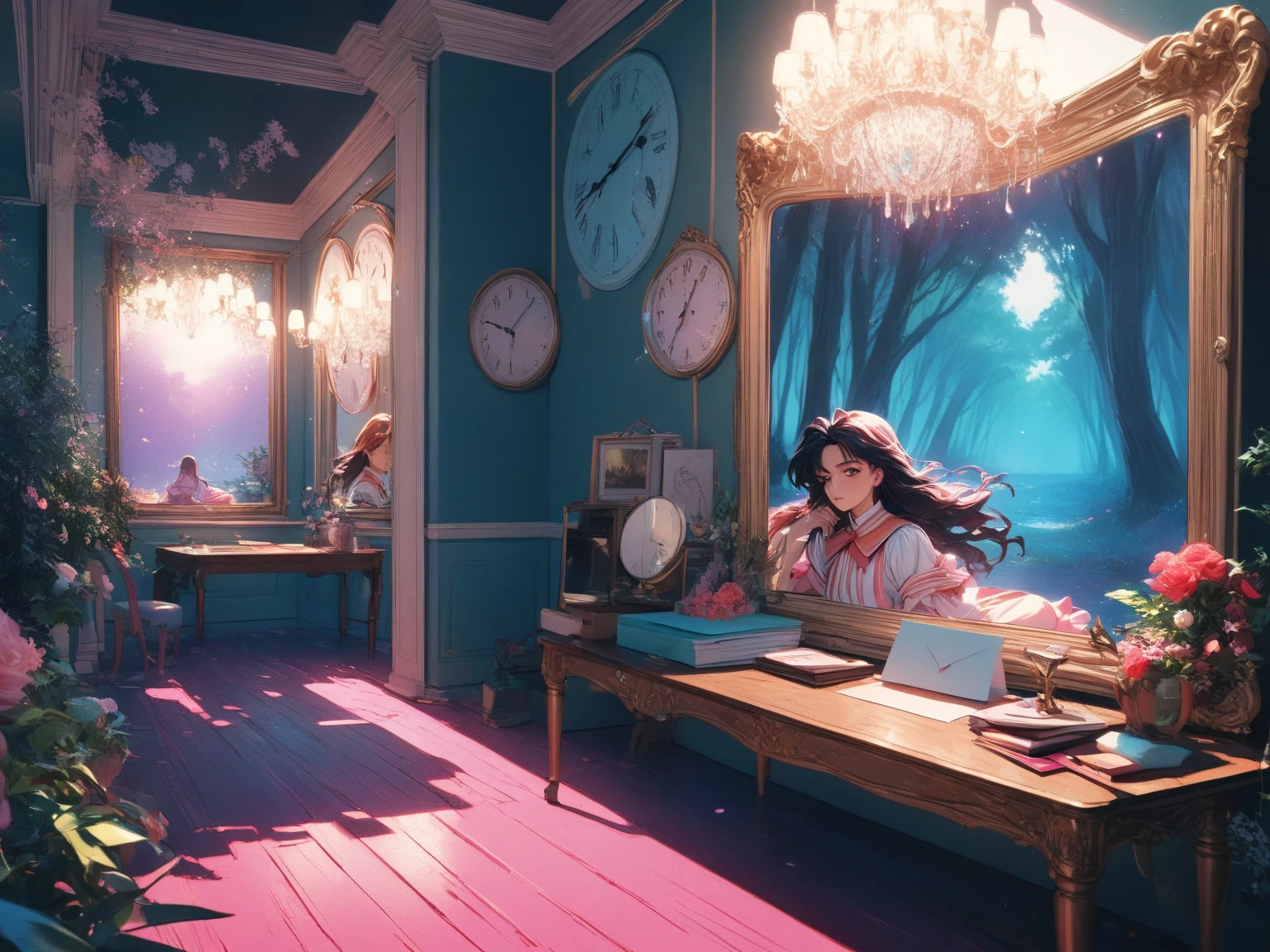 (Shoujo Kakumei Utena Style shadow picture:1.5),(sシルエット) ,(vaporwave:1.5),Cyber nostalgia explosion,Glitch Effects,pink gradation, (masterpiece, best quality:1.2, 8k,16k,high-resolution,(Mirror clock:1.3)（Dark Forest:1.3),Fantasy World、It suddenly happened one day, and the beginning was a letter, and the sender lived a long time ago, such a mysterious encounter

There are things like this in my time now, and we live like this, a romance that somehow blossomed while we were putting it into letters and communicating with each other

Words spelled from each of our worlds that we will never meet without even knowing how to solicit feelings

I'm always waiting impatiently for your words, I live in a different era, but I want to communicate with you over and over again if your wishes come true, I want to meet you because it's fine at first sight because I like you

What I suddenly remembered was the era you live in, what will happen tomorrow, if I have to tell you sad things, please wake up, miracle

Passing by and the changing seasons, letters that have been interrupted since then, only words that don't arrive anymore tighten my heart

I'm still walking in the future that you wanted to see 100 years far away, now I'm still walking, the letter that arrived to me with painful feelings in my heart looks familiar and the characters I've been waiting for

It's the last love letter you wrote to me beyond that day, I'll hold on to the proof that you lived in your time even after eight generations, and I'm going to tell you all that I see in my time someday