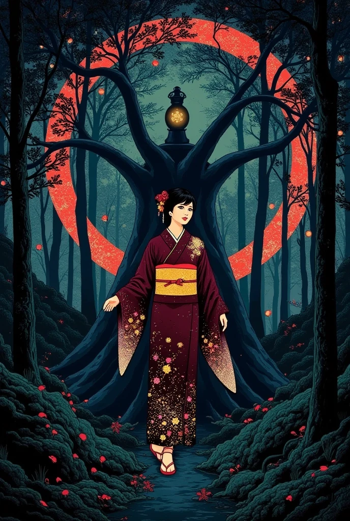 Woman in kimono standing in dark forest、golden eyes、black hair、encircling tree々Vines、Multiple symbols floating around、一貫して pattern化された作品、Projected Shadows、 minimalism、Brilliant Color Palette、deep blue and vermilion color scheme、Dark Fantasy Illustration、mute light、 Mysterious and Fantastic 、An atmosphere that makes you feel uneasy、surreal、illustration style、A beautiful digital fantasy、Best Quality、masterpiece、 pattern１、DR34ML4ND's