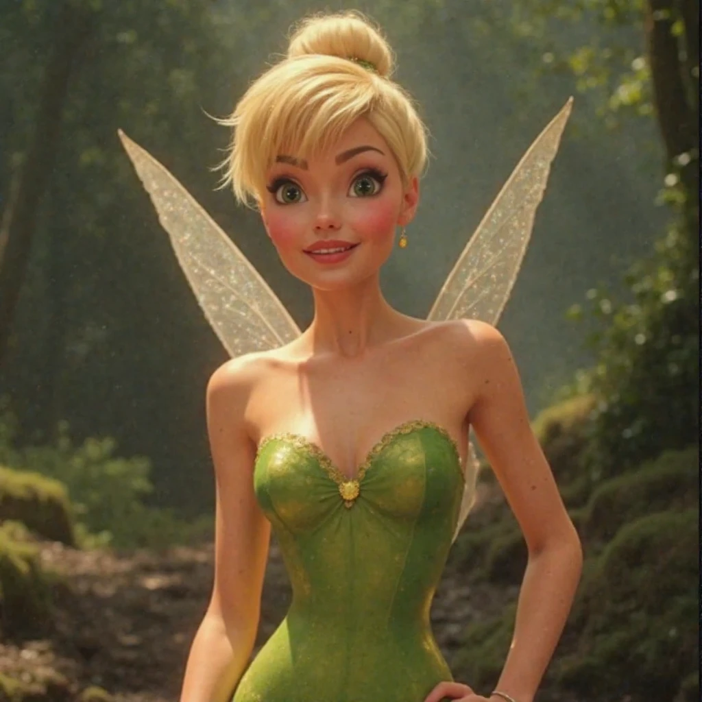 Isabela Merced and friend kiss:1.3(french kiss:1.4), (masterpiece:1.4), (Best quality:1.2), (Photorealistic:1.37), ultra detailed, very detailed, 8K, (realistic image of Tinkerbell, life-like), (wear a green dress made of big leaves), (Transparent Fairy Wings:1.1), (hair is gathered in one bun on top of the head:1.2), (Neat hair), (Beautiful face:1.2), (very large breasts:1.4), (White skin:1.2), (((pixie wings on the back on both sides))), in a scary castle, smiling with my mouth closed