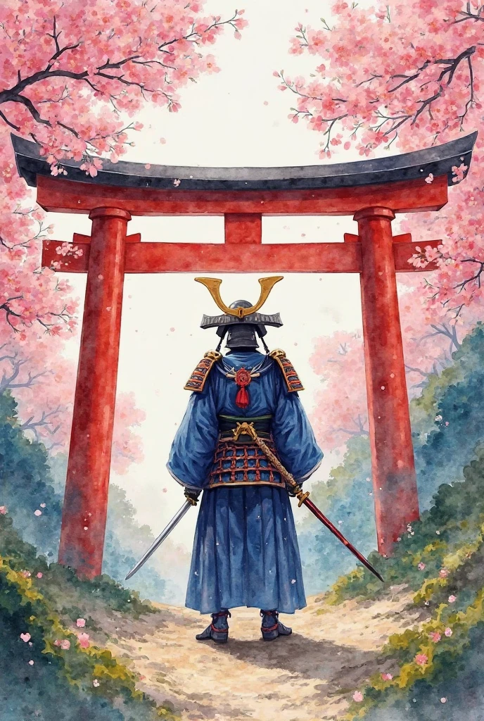 watercolor style, with a lot of colors, a samurai in the centre, a torii, and sakura trees, 4k