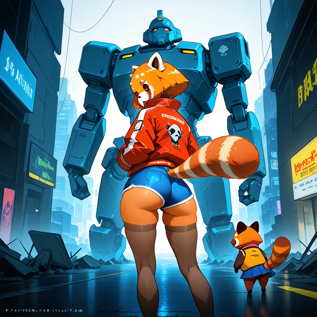 anime girl in short shorts and jacket, standing next to a giant robot, artwork in the style of guvaiz,  cyberpunk anime girl fur , is gaining popularity on cgstation, guvaiz,   from Russell Dunjun Lu , Digital cyberpunk anime art, Ross Tran 8K, guvaiz on artstation pixiv, beautiful red panda,blue skirt, Back side,  beautiful ???, watching ??? 