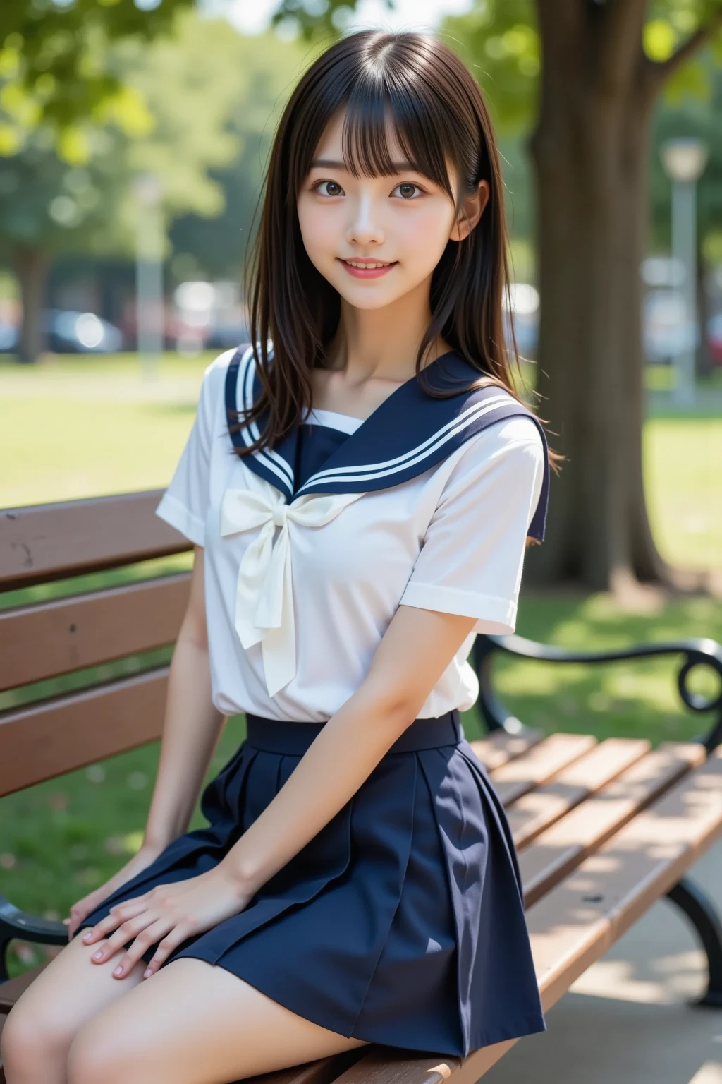 neat college girl, (school uniform, sailor uniform, ribbon tied at chest, summer clothes, upper body white, skirt dark blue, short sleeves), outside the athletic field, (slim), photorealistic, detail, skin texture, ultra detail, delicate and sexy collarbone, smile, super detailed face, detailed lips, detailed eyes, double eyelids, small breasts, small breasts, small, flat breasts, breast emphasis