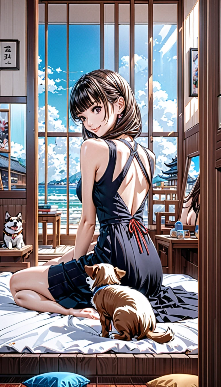Female middle school student playing with a puppy,sitting on the floor,curtains,bed,mirror,Western-style room,Black Dress,long hair,black hair, black eyes,slender,Medium Chest,Shaped eyebrows,smile,glasses,Japan,summer,blue sky,4K,8K,Extreme Detailed Depiction,precise detail,vivid colors,digital paint,masterpiece,Speedy,full body, the exact number of fingers 、 Accurate Foot Count 、(Exact arm count:1.0 、 Exact number of hands:1.0 ) 、( perfect hand 、 Perfect Anatomy)