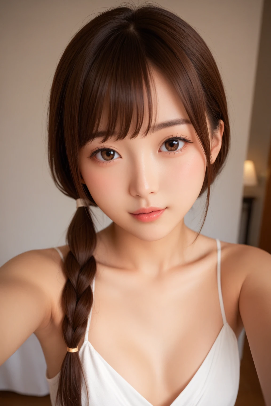 highest quality, masterpiece, ultra high resolution, (realistic:1.4), RAW photo, 1 girl, 、With a round face、slim、flat body、slender body、cute、、(close up of buckshot:1.3)、、、(((look back)))、Mountain、short hair, (((Pigtails))), auburn hair, brown eyes, (fine eyes),off shoulder、strapless