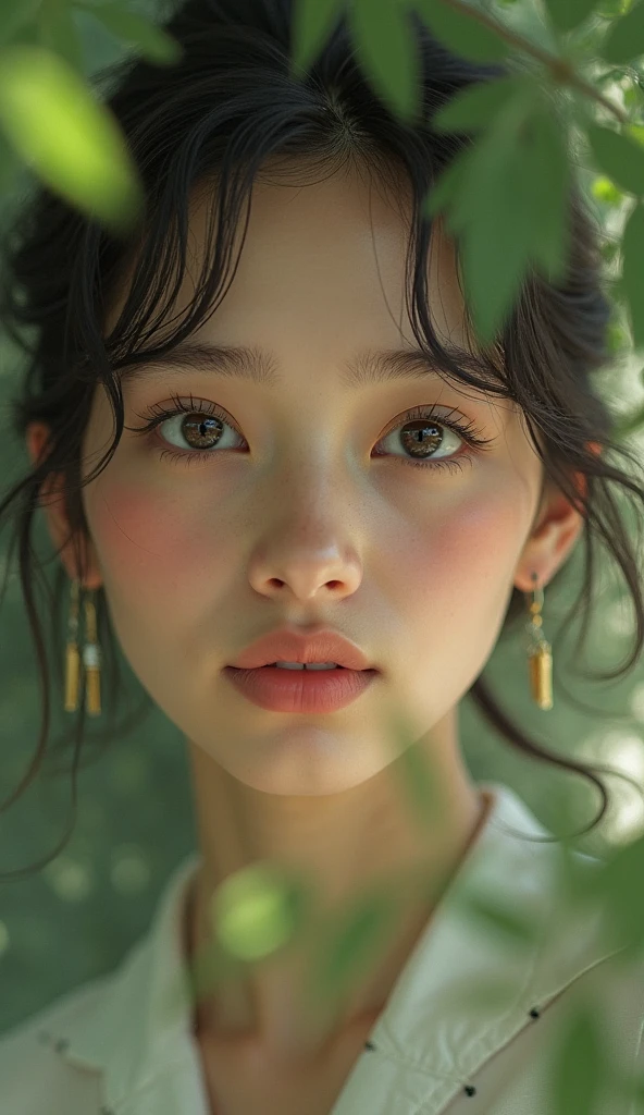 Two eyes of Sofia with a small smile and in the back there is a blurry park with green trees. 