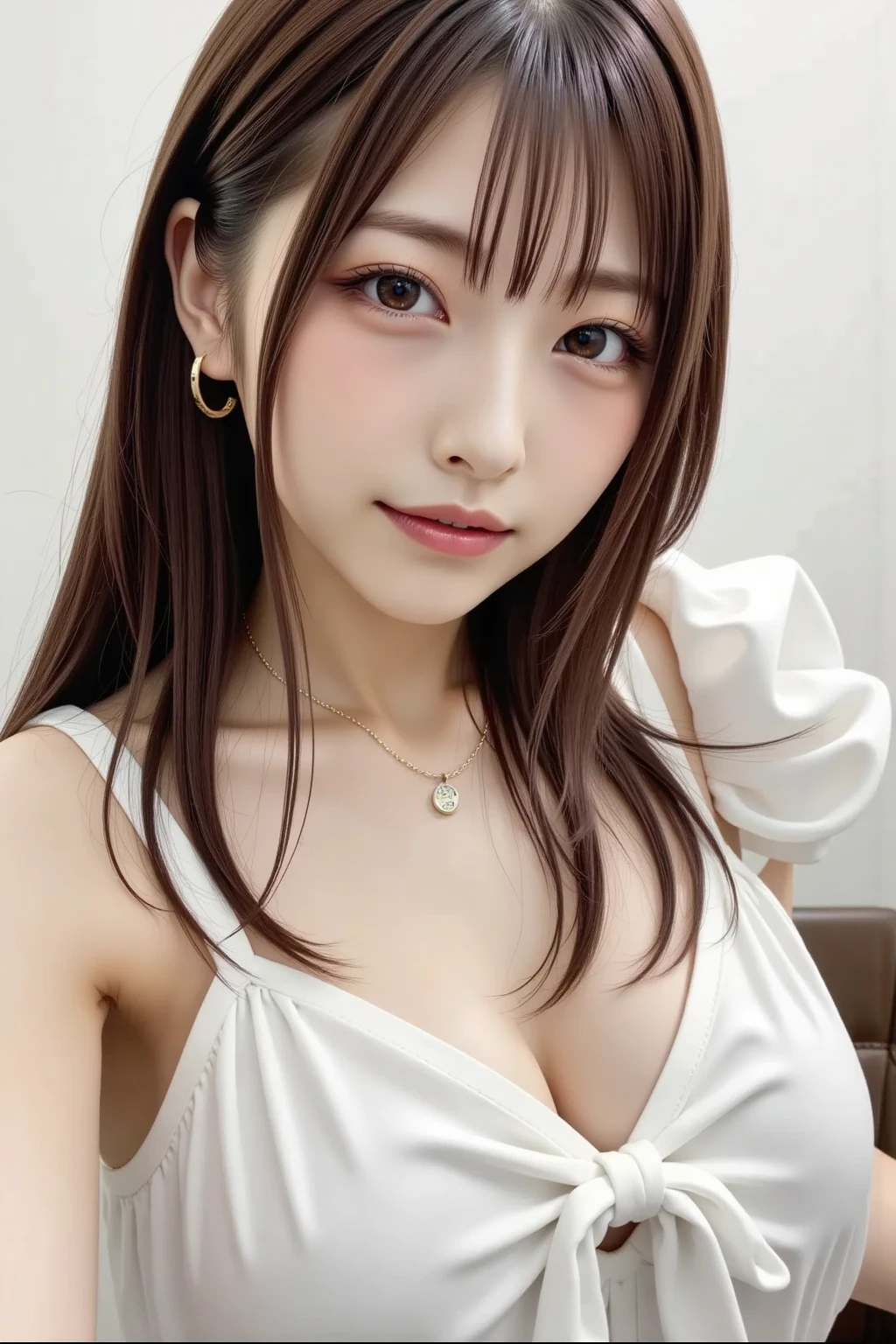 ((close-up:1.2))((Full Body Angle))、seed:2408754176((Highest quality, 8k, masterpiece: 1.3)), concentrated: 1.2, Cute 1,Nipples erect、 Perfect beauty: 1.4,T letter print short sleeve shirt.Randall Color、comics&Text Graphics、Black ruffle-trimmed drawstring zip blouse,1.1, Highly detailed face and skin textures, Fine grain, double eyelid, whitening skin, ,Highest quality,Ultra-high resolution,you,1 person,alone,_Shiny_skin,Iris,necklace,((brown_length_Wavy_hair)),(lips)),eyelash,Front hair,deal with,compensate,Shiny,pore,skin texture,Large Breasts、smiling face、((Front hair:1.1))、stroll、