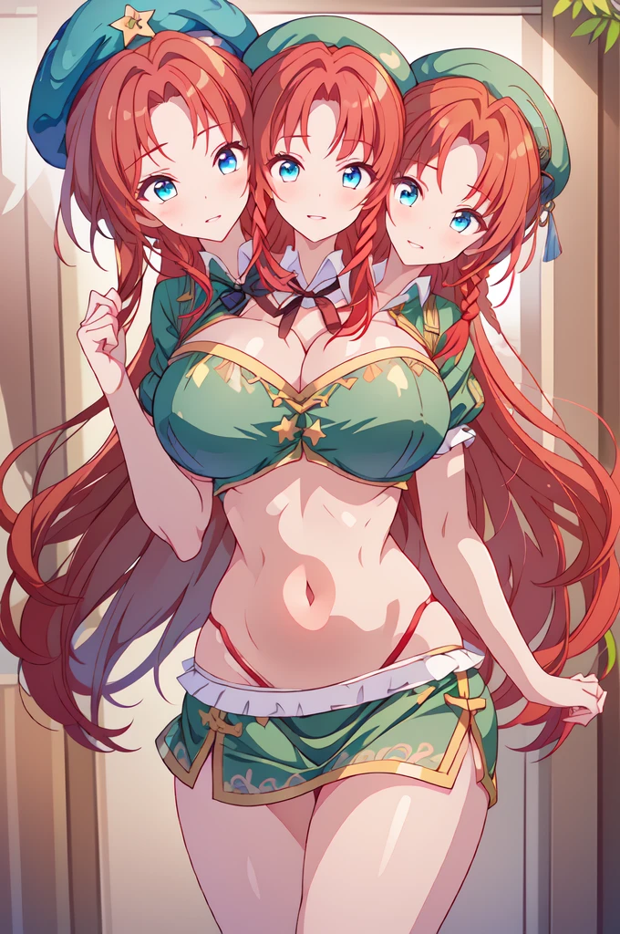 (masterpiece, best quality),best quality, (ultra-detailed), (3heads:1.5), 1girl, (ultra-detailed), (3heads:1.5), 1girl, (hong meiling:1.3), masterpiece, (best quality:1.5, highres, UHD), highres, absurdo, ultra detail, ultra quality, Ultra resolution, green top, crop top, ((stomach)), midriff, ((groin)), green skirt, miniskirt, normal ears, shackles, (red hair), (redhead), very long hair, wavy hair, sidelocks, blue eyes, parted lips, midriff, sweat, cute, toned belly, hand on own chest, eyelashes, (24 year old woman:1.3), (masterpiece:1.5), (best quality:1.5), (beautiful detailed), extremely detailed CG, extremely delicate and beautiful, depth of field, (finely detailed face), (perfect details:1.2), (mature female:1.3), wide pelvis, slender, large veiny breast, 16k resolution, high quality, high definition, extremely detailed, masterpiece, (red hair), long hair, (same hair color), alluring presence, twin braid, short skirt, close up, very big tits, huge tits, young, striped, green beret, hair ornament, chinese clothes, star hat ornament, open belly, nsfw, girl with three heads, three headed girl,
