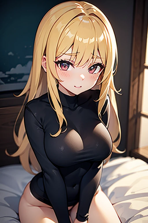 masterpiece, highres, best quality, Ultra-detail, perfect lightning, brai, The Neco Book, 1 girl :3, cat ears, Catgirl, cat tail, alone, yellow hair, red eye, ((white turtleneck)), full body is seeable, breast are nude,upper body is nude,wears black panties,lowe body wears black underwear panties, laying on her back on an bed, pov above her, vegina is not seeable, big breasts, blushing,upper body is completely nude