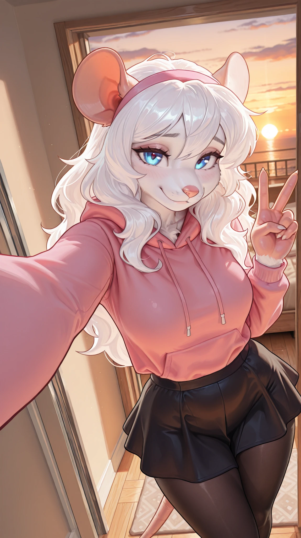 masterpiece, best quality, amazing quality, very aesthetic, high resolution, ultra-detailed, absurdres, newest, scenery, 1girl, rat, white fur, furry female, blue eyes, white hair, wavy hair, long hair, (19-year-old girl), closed mouth, looking at the viewer, shy smile, tail, medium breast, thighs, hips, black pantyhose, black skirt, pink hoodie, pink hairband, female focus, contrast lighting, side lighting, masterpiece, best quality, newest, absurdres, highres, amazing quality, very aesthetic, bedroom setting, cute eyes, no lineart, cinematic, dynamic angle, solo, sunset, ambient lighting, bedroom, taking a selfie, from above, v
