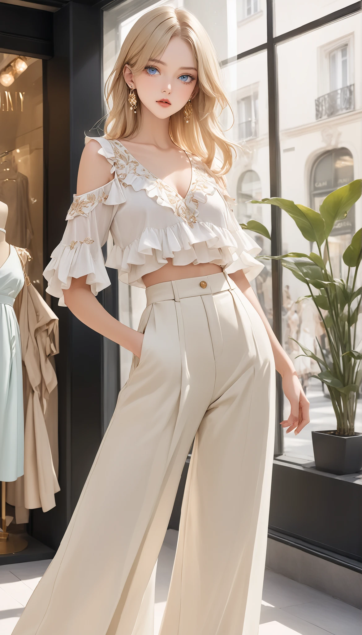 ((top quality)), ((masterpiece)), ( details), perfect face, A 28-year-old French fashion model with straight, shoulder-length blonde hair and blue eyes, standing as a living mannequin inside a luxury fashion boutique's window display. She wears a bold and expressive Spring/Summer ensemble: a flowing asymmetrical chiffon blouse in a soft pastel gradient, paired with high-waisted, wide-leg linen trousers in a crisp ivory tone. The blouse features delicate ruffles along the sleeves and a deep V neckline, adorned with subtle embroidery. Accessories include minimalist gold earrings and strappy nude heels. Her outfit reflects cutting-edge trends with a balance of elegance and individuality. The setting is sunlit and modern, with a minimalist backdrop to highlight the clothing. Editorial fashion photography style, with Parisian chic vibes
