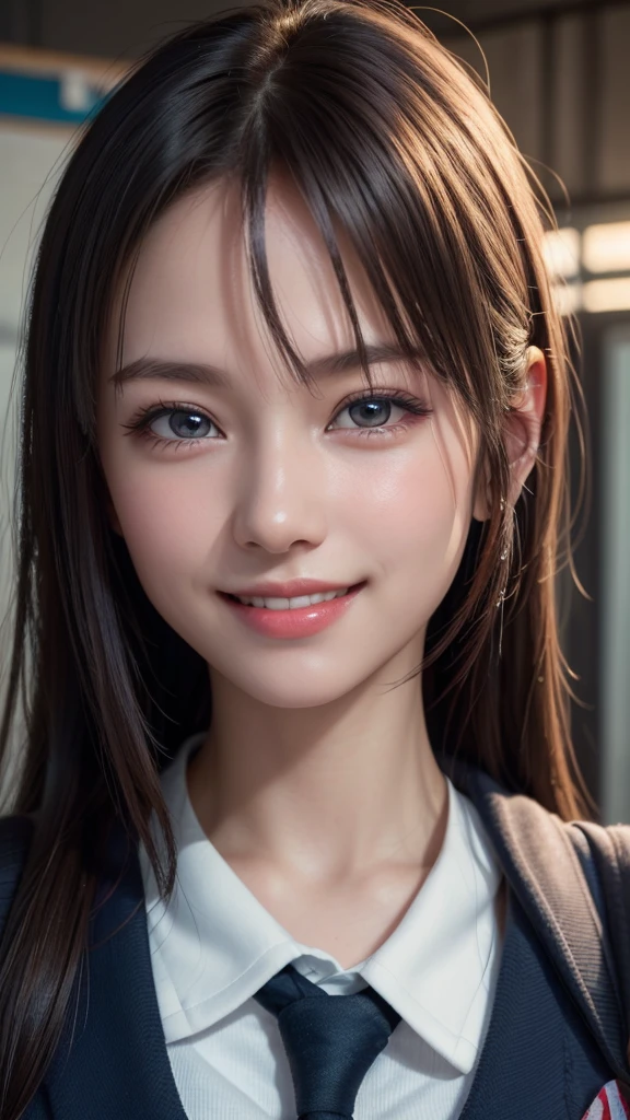 teen, 1girl in, Extremely cute, Amazing face and eyes, (Beautiful lovely smile), (extremely detailed beautiful face), bright and shiny lips, Super beautiful, (School blouse:1.3), (Best Quality:1.4), (hyper quality), (Ultra-detailed), (Hyper-realistic, Photorealsitic:1.37), Authentic skin texture, Highly detailed CG integrated 8k wallpapers, RAW Photos, professional photograpy, Cinematic lighting,