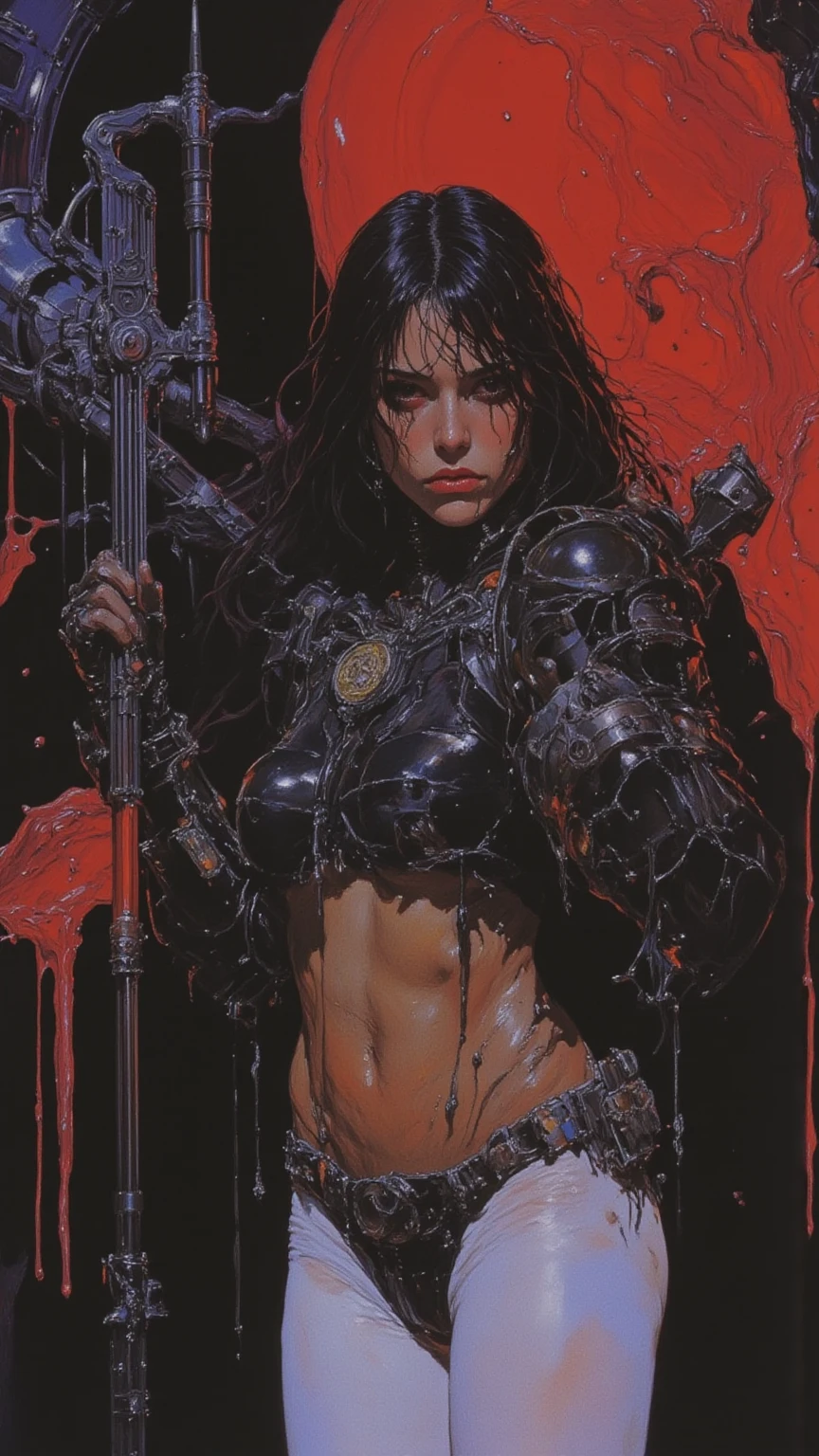 1 barbarian female, heavy metal magazine, ork girl, sexy lips, space-warrior girl, cyborg girl, beautiful bbw girl, chubby girl, woman-warrior, whole body, nude body, Perfect skin, space background, blood rain, dark fantasy, Linsner style, Science fiction, 80s, 16-bit game, VHS era, planet in space background, purple lightning, psychedelic color background, smog, fog, swamp, girl in swamp, mad max style, vhs tape cover