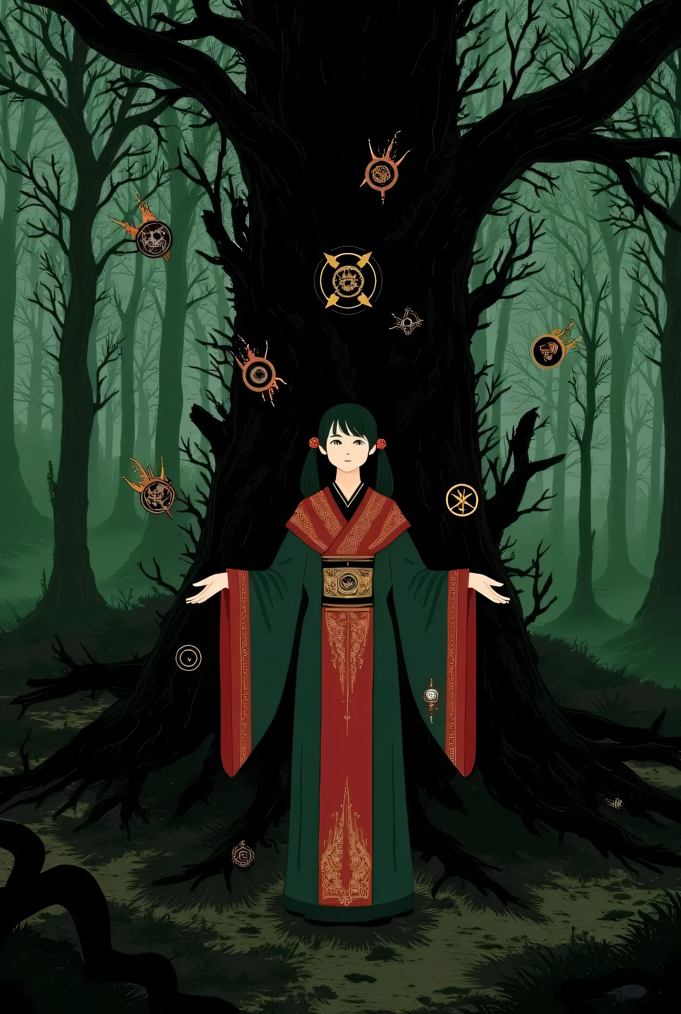 Woman in priest's robes standing in dark forest、golden eyes、black hair、pigtails, encircling tree々Vines、Multiple symbols floating around、一貫して pattern化された作品、Projected Shadows、 minimalism、Brilliant Color Palette、forest green and vermilion color scheme、Dark Fantasy Illustration、mute light、 Mysterious and Fantastic 、An atmosphere that makes you feel uneasy、surreal、illustration style、A beautiful digital fantasy、Best Quality、masterpiece、 pattern1、DR34ML4ND's