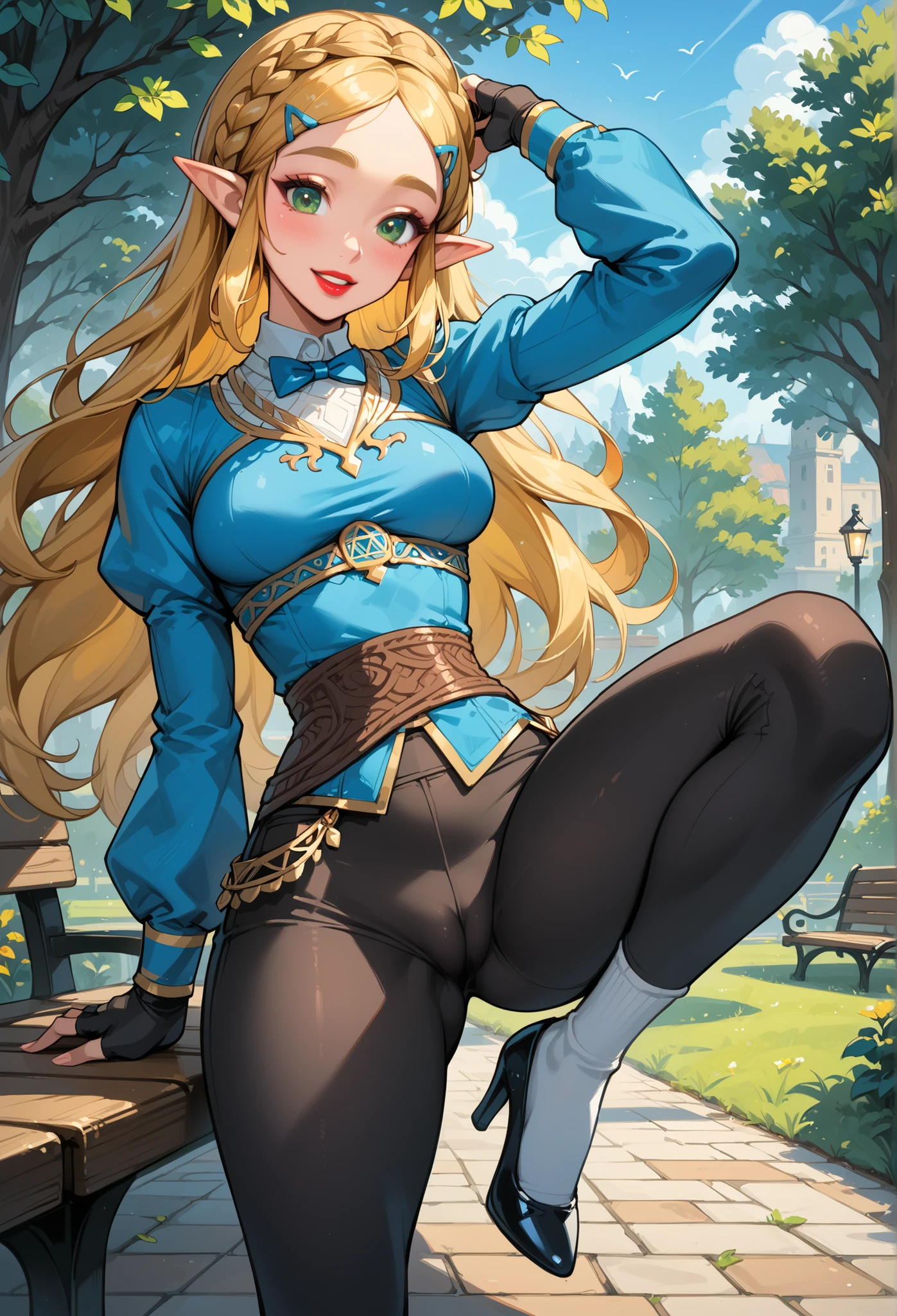 (extremely fine and beautiful:1.1), (perfect details:1.1), (finely detailed eyes and detailed face:1.3), ZeldaSDXL, Princess Zelda, narrow hips, medium breasts, slender thighs, small ears, pointy ears, braid, hair ornament, hairclip, gloves, black gloves, fingerless gloves, blue shirt, shirt, long sleeves, crown braid, bangs, green eyes, parted bangs, pants, black pants, blonde hair, long hair, long hair,, sidelocks,, thick eyebrows, jewelry,, belt, tight pants, tight, puffy sleeves, ( park), black Mary Jane tap heels, with white socks, tap dancing cute sitting down on a bench kicking and crossing her feet, black top hat on her head, showing her pussy, blue bow tie with a white collar around her neck, full body, flirtatious smile, moaning, natural beautiful makeup, red lipstick