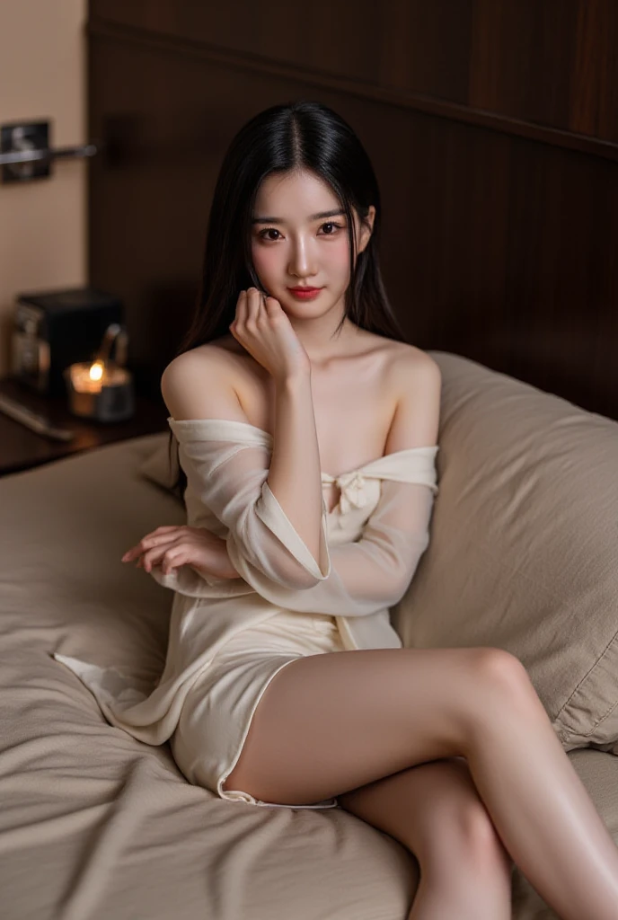 ((Girl lying in bed))、beauty、 A girl、Solitary、Long hair、Viewer、Smile、(Eyes closured)、Hair accessories、、gem、White hair、shut your mouth、Upright banganicur、bracelet、Lips、Gray eyes、image、Red nails、closure、赤いLips、Put your hands on your face、Put hand on cheek、()、(Glowing skin)、((The skyscrapers outside the window are hazy))、(Off-the-shoulder white floral dress),),((Sleep with your legs slightly apart)),(Legs open),((White is clearly visible)),(Upskirt)、((Holding a wine glass)),