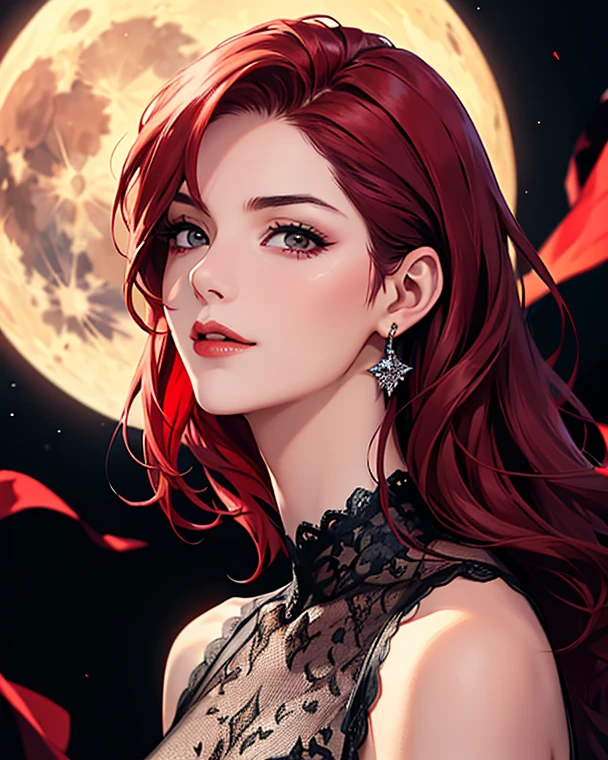 Portrait, ((vivid red hair)), mature woman, 30 years old,  features a diamond face , moon, red starry sky background, depth of field, magic, Big red lips , ((dark black eyes)) black and red long full dress, Covered chest, Mysterious Atmosphere,  ominous shadows ,  Intense Blue Aura , intense red aura (Best Quality:1.2), absurdres, Intricate Details, (very detailed skin:1.2), Smile Expression , posing, Tight, well-defined body, attractive.  very realistic , pale skin, beautiful in the car, surrealism, Very delicate skin, direct gaze
