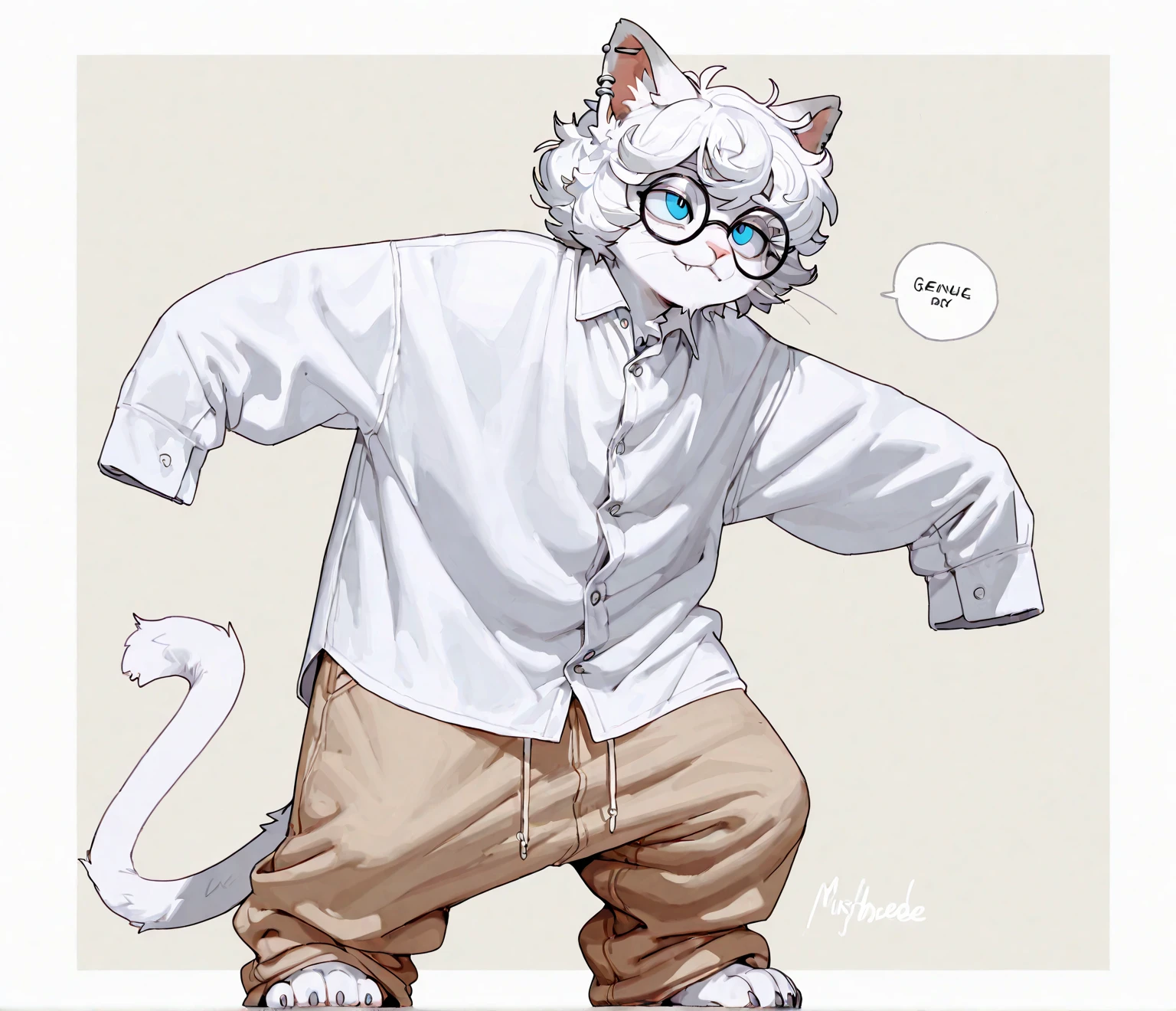 Furry shota, young, polar bear, grey hair, spiky hair, spiky short ponytail, detailed body fur, brown eyes, ((winter blue vest, open clothes, nude torso, black short pants, wool cap, glasses)), masterpiece, looking at you, white body fur, detailed face, big eyebrows, detailed eyes, detailed body, detailed hands, flat body, glistering body, shiny body, skinny, spectacular effects, sassy face, :3, standing, perfect lighting, perfect shadows, perfect eyes, perfect hair, perfect face, gorgeous body, hands on hips, solo, :3, smilling, simple background, white background,