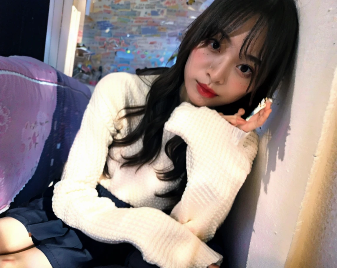 Very cute girl、beautiful girl、Sitting、Spread your legini skirt、Cute Panties、smile,from below