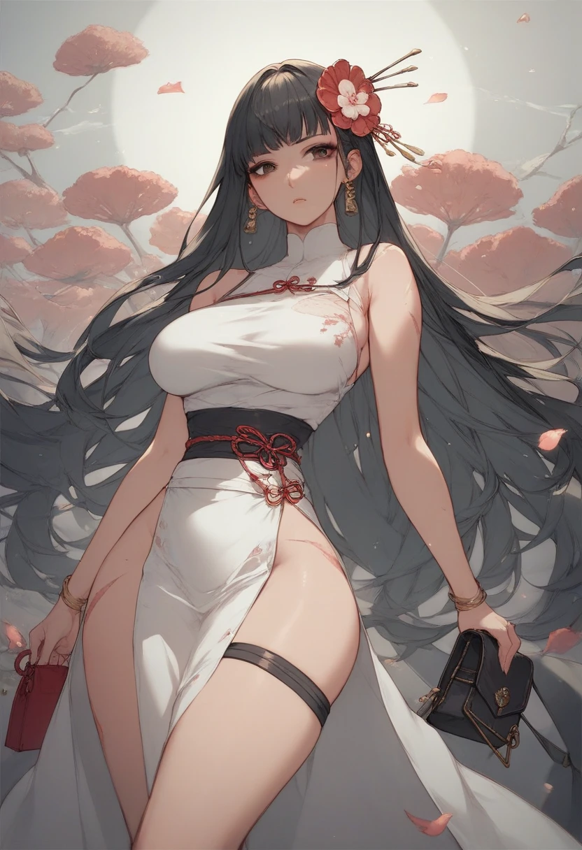 Seven Rhaeyar (Deylta), Ancient Star goddess, Perfect female anatomy (Royalty, Adult Female, pale skin, slim, slender, 34D breast size, ,Long Black Hair, Her eyes are gray, a set of black colored horns on her head), Neutral facial expression, Elegant black uniform dress, Cuban-chain necklace, dragon motifs, silver and rope accessories, View of the open blue sky with only clouds, receiving light from the front, Ethereal glow, blue flower petals