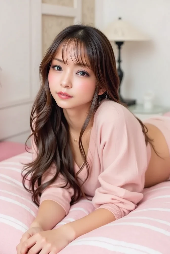 (1 woman、Japanese、30 years old、Refreshing、clear、seems kind、stylish、(narrow eyes),long eyes、Pitiful、cute like an angel、cute、black eyes、Idol,actress,),(very cute)、(chestnut hair:1.4),(curly hair:1.4),(medium long hair),(enchanting eyes),(highlight on eyes:1.4)、(8K、Live shooting、highest quality、masterpiece:1.2、optimal lighting)、((masterpiece)),(Photo taken by a professional photographer),(real、photo real:1.4),{ (Pink theme:1.4),(nurse )costume),(nurse)},(cleavage:1.2), break, break,(Hospital,hospital room),(on the bed),(night),break,,break,( Smile:1.2),(face shot),(Lying on the bed, face facing the viewer:1.6),night