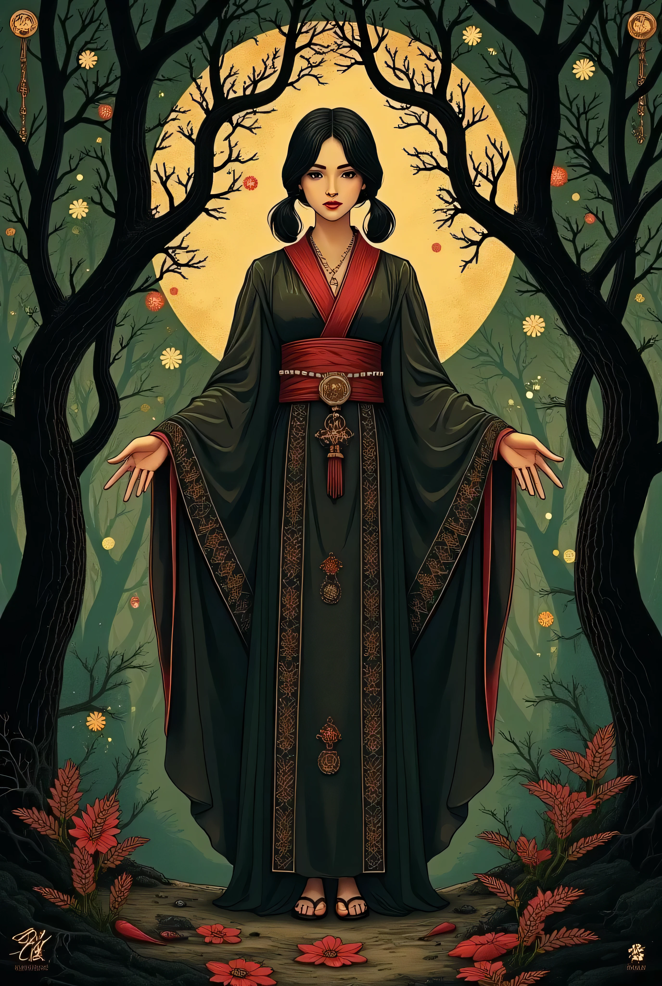 Tarot card: Woman in priest's robes standing in dark forest、golden eyes、black hair、pigtails, encircling tree々Vines、Multiple symbols floating around、一貫して pattern化された作品、Projected Shadows、 minimalism、Brilliant Color Palette、forest green and vermilion color scheme、Dark Fantasy Illustration、mute light、 Mysterious and Fantastic 、An atmosphere that makes you feel uneasy、surreal、illustration style、A beautiful digital fantasy、Best Quality、masterpiece、 pattern1、DR34ML4ND's