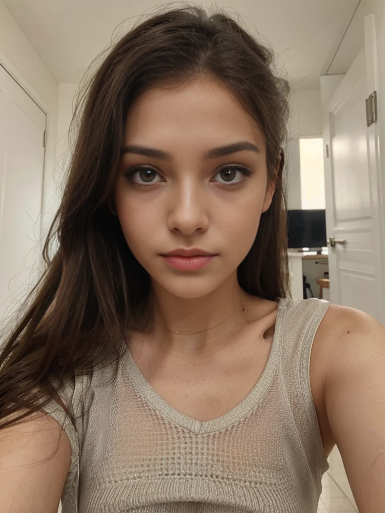 ((best quality)), ((Meisterwerk)), (Detailliert), Perfektes Gesicht, 1.1, Hochdetaillierte Gesichts- und Hautstruktur, Detaillierte Augen, brown eyes, brown colored eyes, cute makeup, Anastasia 24 year old russian, cute instagram modeling pictures, cute selfies in her bathroom, cute facial expression