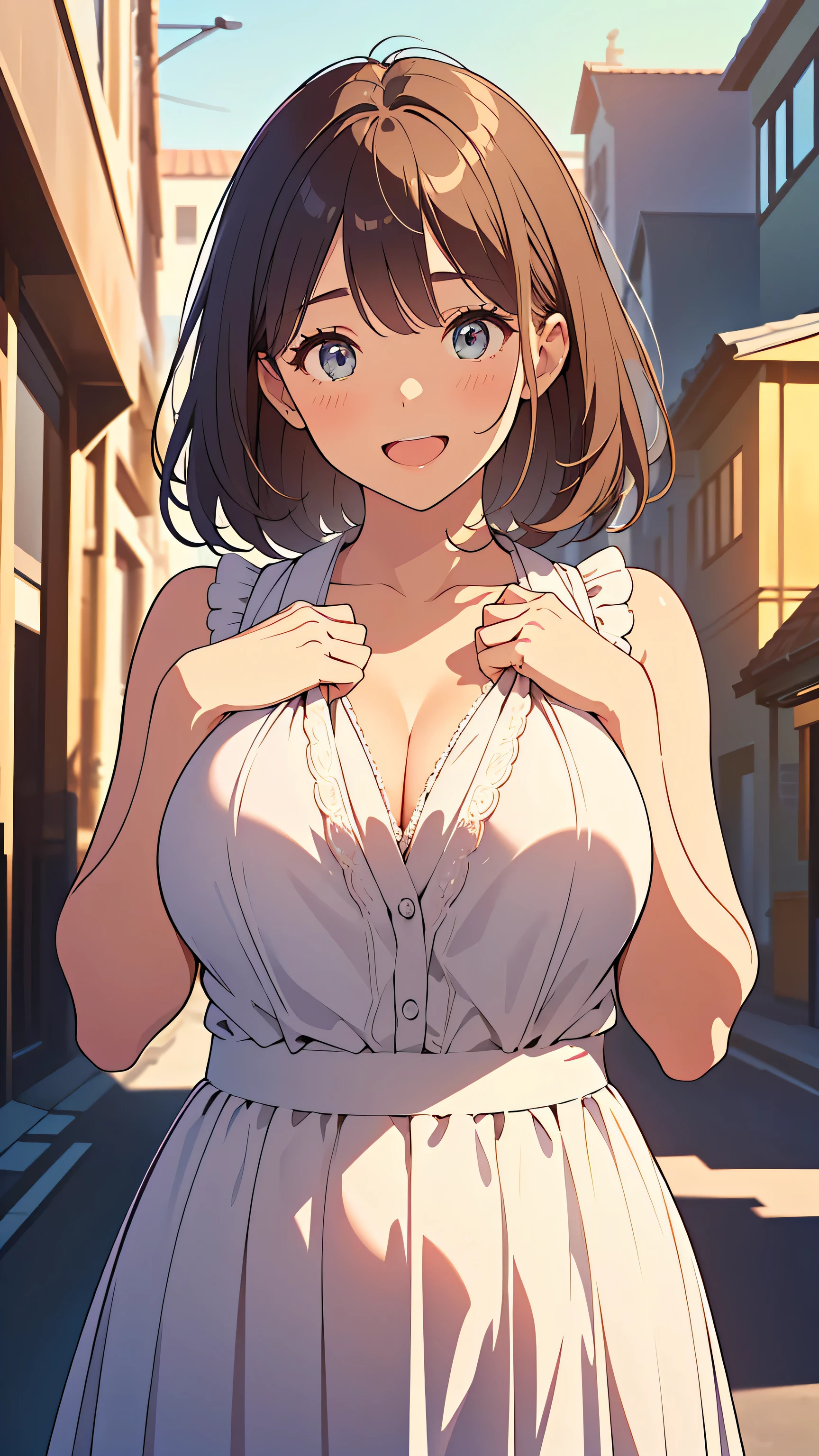 1girl,solo,retina,masterpiece, Awards, high quality, High resolution, HD, 4K,8K,high quality,(professional illustration:1.1),look at viewer,(large breasts:1.3),huge breasts,(bevelling breasts:1.5),(Chewy breasts:1.4),camisole,(),clothed big breasts,smile