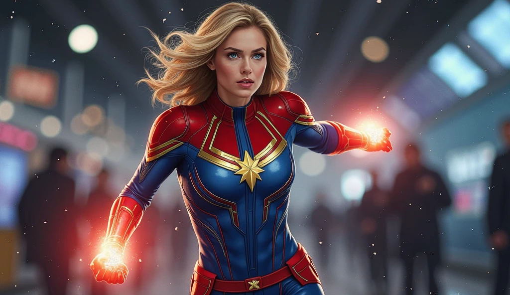 a female superhero,captain marvel,energy being held emitting from her outsrtechted hands and bodyand body using all her power to melt her and kill her enemy ,powerful and sexy pose,cinematic lighting,vivid colors,cinematic composition,beautiful detailed eyes,beautiful detailed lips,extremely detailed face and body,long eyelashes, long blonde hair ,volumetric energy effects,dramatic shadows,glowing energy aura,cinematic camera angle,hyper realistic,8k,high quality,detailed rendering,digital art,concept art style