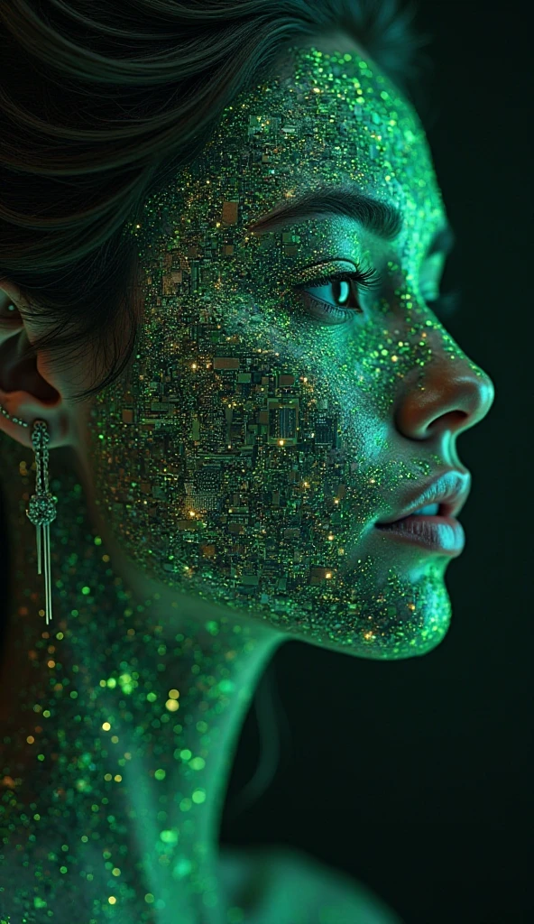 artistic rendering of a young woman figure with a geometric, pixelated effect, her face an array of monochromatic squares faintly resembling human features, accentuate with bold, vibrant green palette colors against a plain background to highlight the contrast between the subject and his abstract form, photorealistic, UHD,