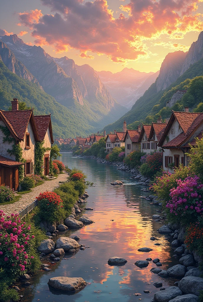 A small village by the river, mountains in the background, colorful flowers, detailed landscape, beautiful natural scenery, atmospheric lighting,  scorching sunset ,  warm colors, practical, photographic, detailed foliage, complex buildings , cobblestone street, charming country house, vibrant colors, lush vegetation, reflections in the water, pitoresco, idyllic, work of art, Best Quality, 8k, extremely detailed, anime style