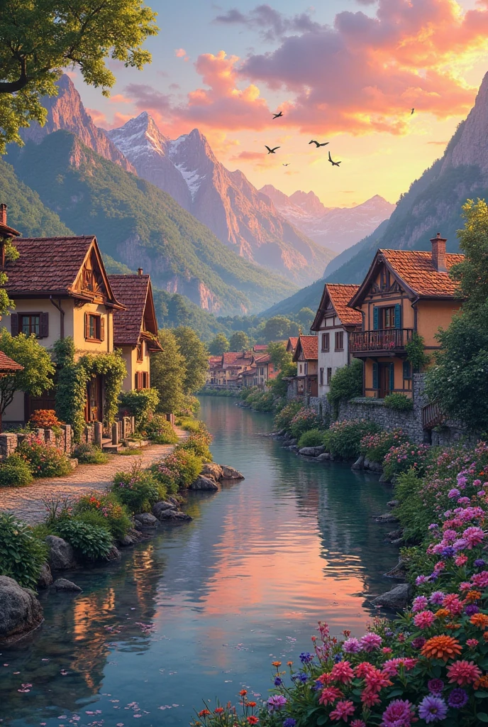 A small village by the river, mountains in the background, colorful flowers, detailed landscape, beautiful natural scenery, atmospheric lighting,  scorching sunset ,  warm colors, practical, photographic, detailed foliage, complex buildings , cobblestone street, charming country house, vibrant colors, lush vegetation, reflections in the water, pitoresco, idyllic, work of art, Best Quality, 8k, extremely detailed, anime style