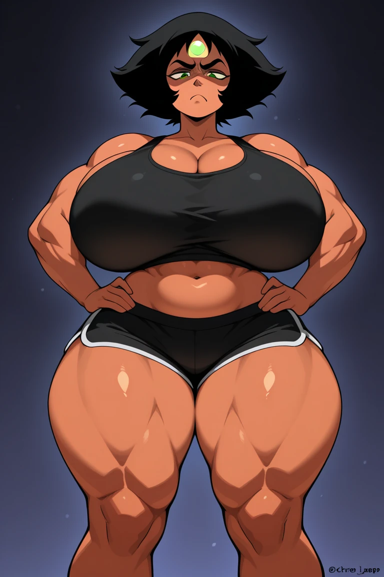 ewelry, thick thighs, wide hips, glossy lips, big black afro, bald small breast, milf, yellow eyes, white blank background, mature,black fingernails, mother, perky breasts, tomboy,dark ebony skin, luxury, tattoos, strong, muscular,blue jean shorts, mother, milf, wide hips,thick thighs, black top,