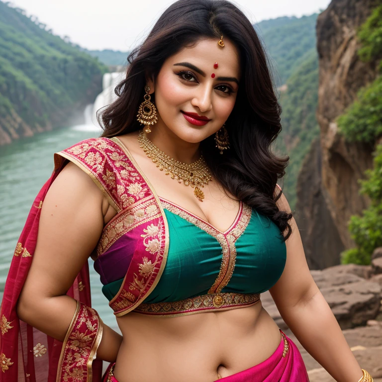 (masterpiece portrait photography:1.4) of a alluring sexy curvy tall supermodel Suhasini Iyer, posing in a garden , wearing beautiful, wearing ornate skirt and bralette, ornate venetian garden, heels, arms over head, armpits, (big flowing backlit hair), vivacious, lustful glance, exhilarated (captivating kohl lined eyes:1.1) , (seductive smile:1.3) soft dramatic lighting, falling leaves and flowers bokeh, key lighting backlit, light rays, highly detailed, trending on artstation, paint splashes, rich colour, wind all around, abstract portrait, by Ron hicks