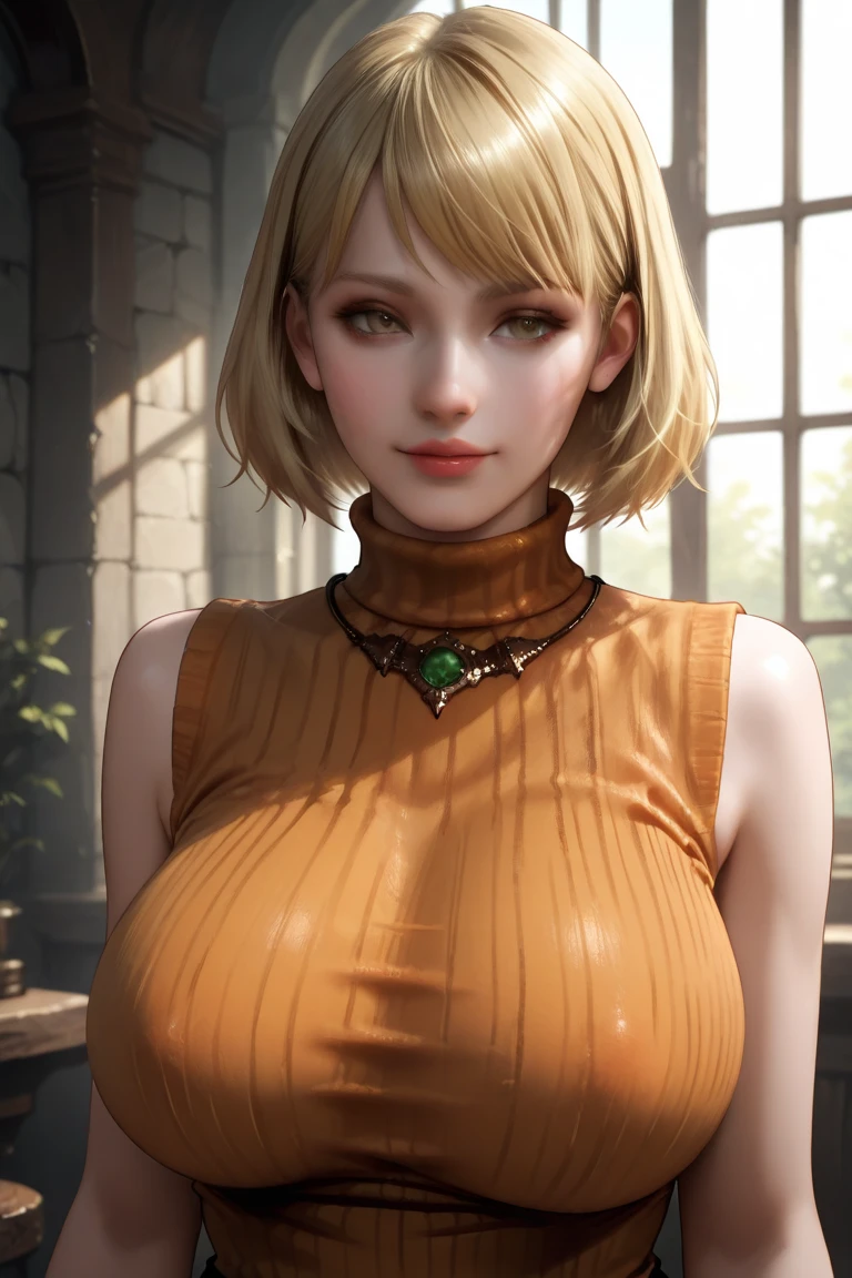 masterpiece,best quality,absurdres,photorealistic,mature female,sagging breasts,<lora:peilin:0.6>, blonde_hair,short_hair,cleavage,green_eyes,