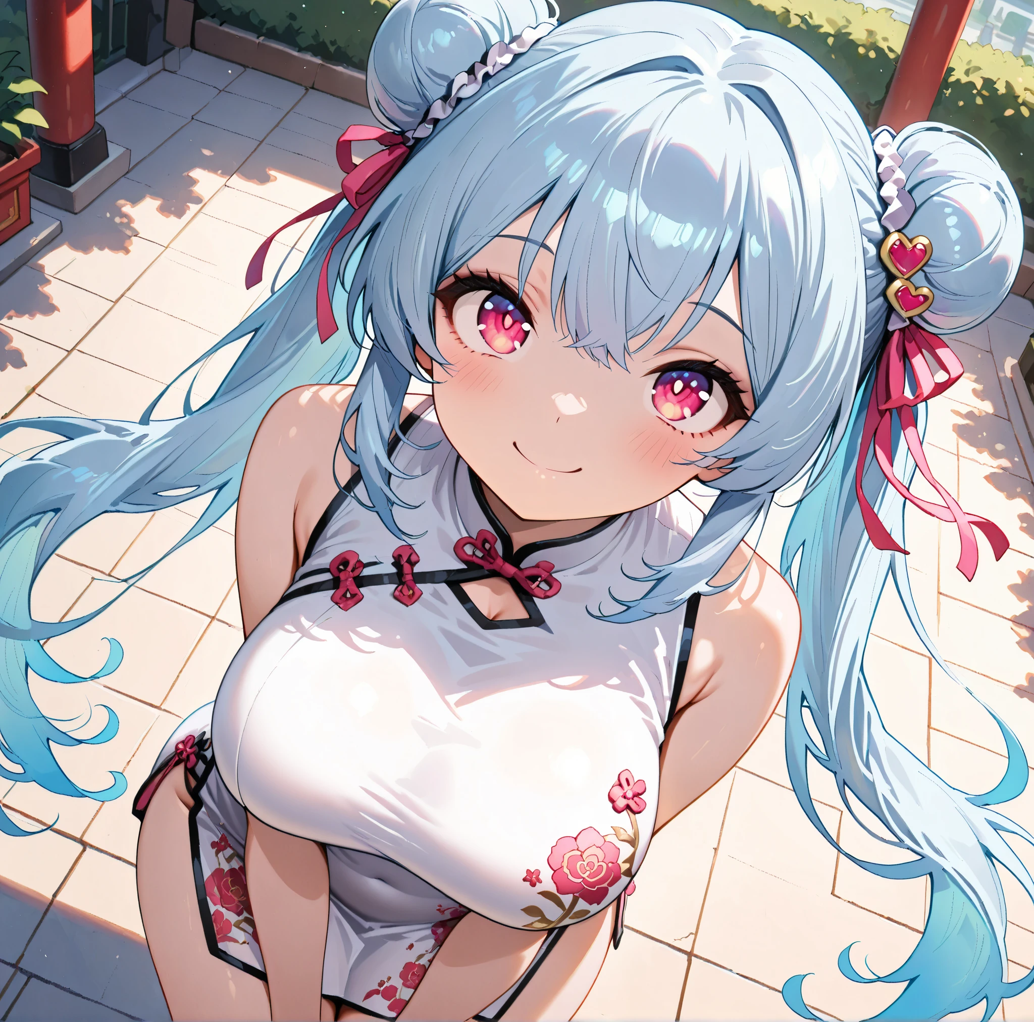 ultra-detailed, ((one girl)), hyper detailed, absurdres, 8K,Beautiful Face, (Laugh shyly), ((teasing smile:1.8)), ((Wink:1.8)), (Laugh with your mouth wide open:1.3),(Tilt your head:1.3), View your viewers, ((Bright red cheeks:1.6)),Glossy Red Lips, ((Big Breasts:1.5)) (cleavage), night, Fantastic fireworks, ((Anime style background)),masterpiece, Highest quality,  (Brighten your face), so beautiful,Latest, Complex details, (Pink long nails), (nail art), (ring),(bracelet), (Floral Choker),AI-generated, Complex,High resolution, Highest quality, super high quality,3D Images、3D Images,One person,(White long hair),(High Ponytail), Anime woman posing for a photo, ((Fine grain, powder blue eyes:1.3)), ((glowing eyes:1.3)), (Squint your eyes:1.1),a hyperRealistic , hyperRealistic , Realistic,Anime woman with long white hair, Smooth anime CG art, With gold embroidery、A girl in a gorgeous kimono, ((Black long sleeve kimono:1.6)),((Red large floral pattern)) ,Long flower hair ornament,Floral Earrings,Mature Body,tall,Abdominal muscles,Narrow waist,((learning forword+looking up+from above:1.9)),