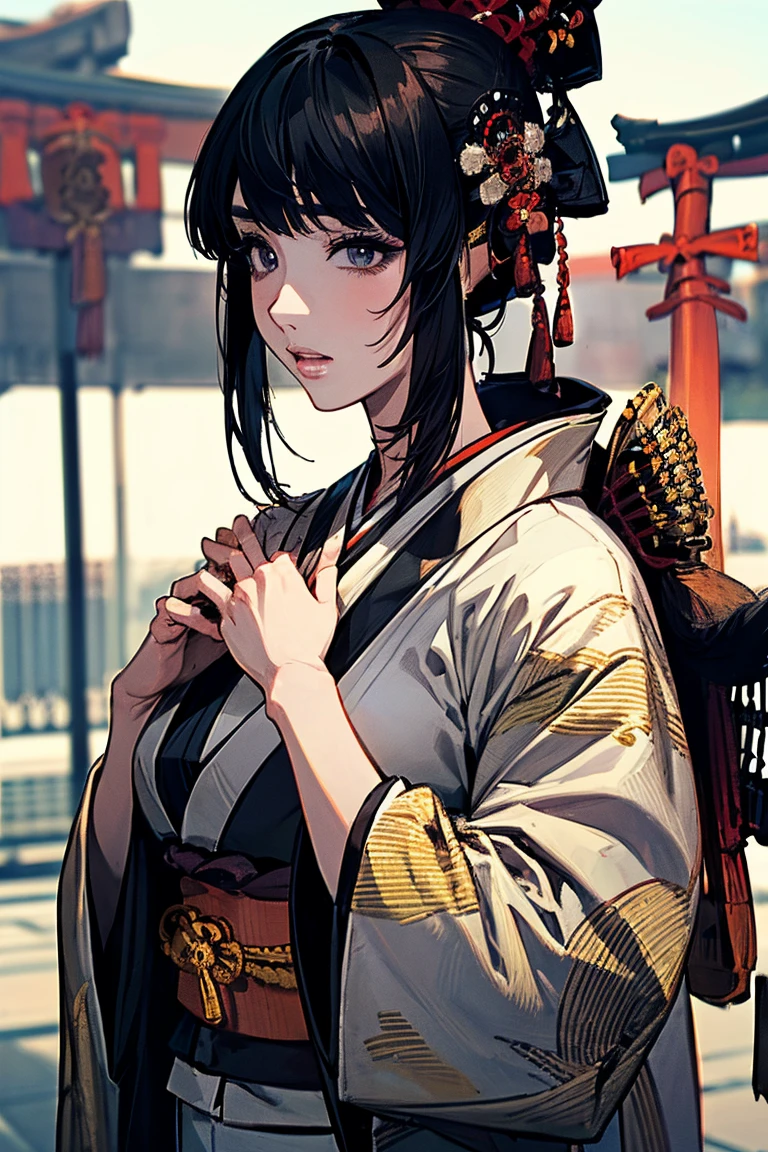 (masterpiece:1.5),beautiful hair,Beautiful Eyes,beautiful lips,Beautiful slender body,Big Breasts,cleavage,(Konno Anna:1.2),(Riho Yoshioka:1.1),(in the Imperial Court:1.3),(Riverside:1.4),bust illustration from the front ,((((the most beautiful woman in the world:1.7)))),(((( kimono,jacket,Taisho Romance:1.5)))),((19-year-old single woman holding a fish in her hand:1.1)),(accurately depicted anatomically correct hands:1.1)black hair,long lashes,Three-dimensional, jewel-like eyes,Very delicate and beautiful CG,2. 5D illustration, Anatomically Accurate Body, (very precise illustration:1.1),(Outdoors:1.4), (wallpaper:1.4),8k