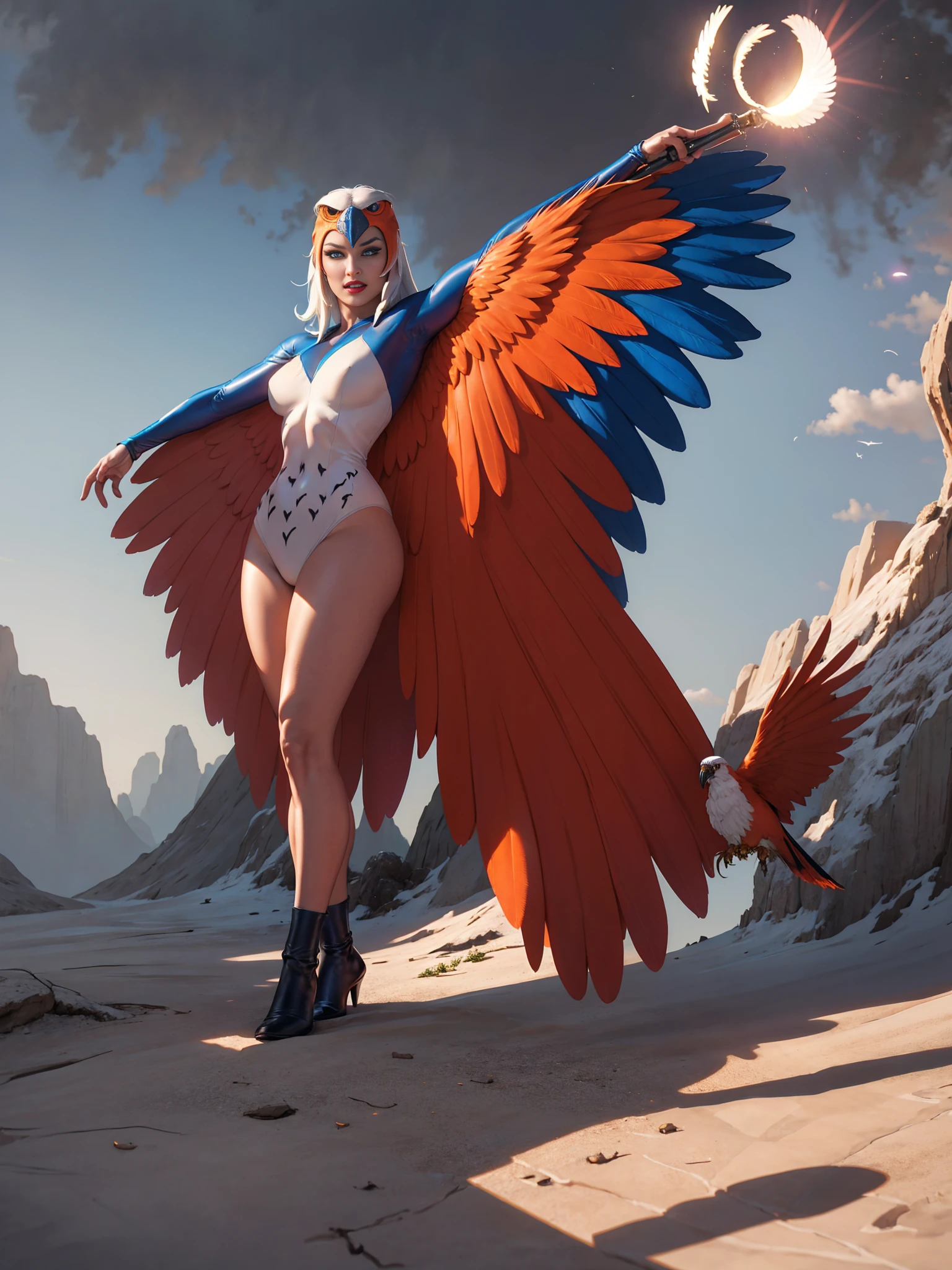 masterpiece, highly detailed (beige, white, brown, : 1.3) (bird woman, megan fox face: 1.3), feather suit, flying pose, sandstone mountain background with vegetation at the base, unity, cinematic lighting (extremely detail CG unit 8k wallpaper:1.1) (masterpiece), (best quality: 1.1), realistic, anime master style, perfect perspective