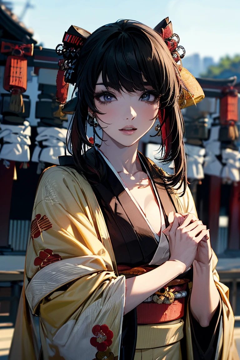 (masterpiece:1.5),beautiful hair,Beautiful Eyes,beautiful lips,Beautiful slender body,Big Breasts,cleavage,(Konno Anna:1.2),(Riho Yoshioka:1.1),(in the Imperial Court:1.3),(Riverside:1.4),bust illustration from the front ,((((the most beautiful woman in the world:1.7)))),(((( kimono,jacket,Taisho Romance:1.5)))),((19-year-old single woman holding a fish in her hand:1.1)),(accurately depicted anatomically correct hands:1.1)black hair,long lashes,Three-dimensional, jewel-like eyes,Very delicate and beautiful CG,2. 5D illustration, Anatomically Accurate Body, (very precise illustration:1.1),(Outdoors:1.4), (wallpaper:1.4),8k