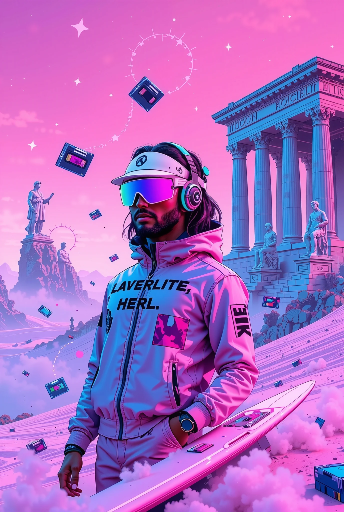 Fantasy vaporwave-inspired character design in a surreal digital landscape. The figure is a bold adventurer styled in retro-futuristic attire: a glowing neon visor covers their eyes, reflecting glitchy text effects. Their jacket, emblazoned with abstract shapes in vibrant pink, teal, and purple gradients, radiates an otherworldly glow, almost as if it were created from pure digital energy.
The backdrop is a dreamlike expanse of endless retro grids, fading into the horizon under a sky drenched in pink gradients and scattered with pixelated stars. Massive vaporwave pillars rise into the distance, adorned with classical statues subtly corrupted by glitch effects. Floating text boxes and holographic VHS tapes orbit the character, giving the impression of diving into an 80s-themed cyber nostalgia overload.
Their pose exudes confidence, leaning slightly forward as if surfing the virtual waves, surrounded by glitchy smoke trails and faint outlines of glowing geometric shapes. Style: surreal, visually striking, and dripping with vaporwave aesthetics, celebrating the fusion of nostalgia and cyber dreams
