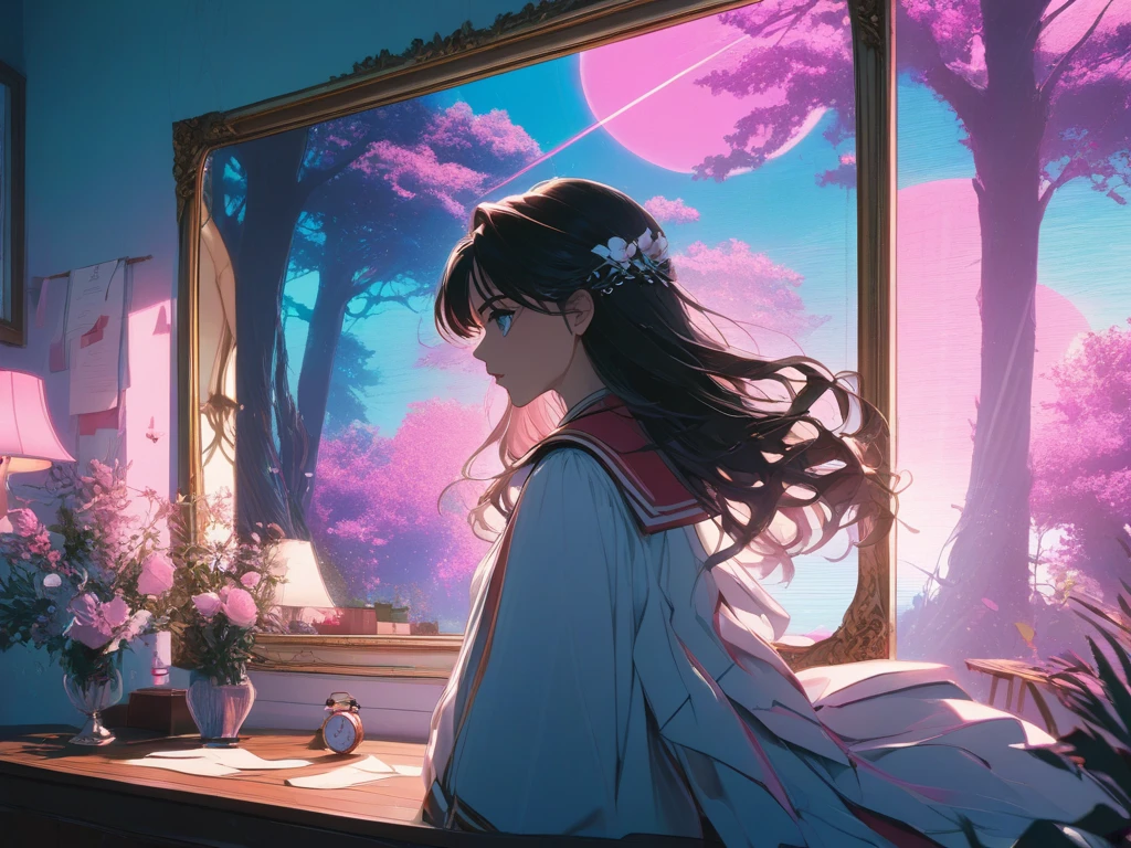 (Shoujo Kakumei Utena Style shadow picture:1.5),(sシルエット) ,(vaporwave:1.5),Cyber nostalgia explosion,Glitch Effects,pink gradation, (masterpiece, best quality:1.2, 8k,16k,high-resolution,(Mirror clock:1.3)（Dark Forest:1.3),Fantasy World、It suddenly happened one day, and the beginning was a letter, and the sender lived a long time ago, such a mysterious encounter

There are things like this in my time now, and we live like this, a romance that somehow blossomed while we were putting it into letters and communicating with each other

Words spelled from each of our worlds that we will never meet without even knowing how to solicit feelings

I'm always waiting impatiently for your words, I live in a different era, but I want to communicate with you over and over again if your wishes come true, I want to meet you because it's fine at first sight because I like you

What I suddenly remembered was the era you live in, what will happen tomorrow, if I have to tell you sad things, please wake up, miracle

Passing by and the changing seasons, letters that have been interrupted since then, only words that don't arrive anymore tighten my heart

I'm still walking in the future that you wanted to see 100 years far away, now I'm still walking, the letter that arrived to me with painful feelings in my heart looks familiar and the characters I've been waiting for

It's the last love letter you wrote to me beyond that day, I'll hold on to the proof that you lived in your time even after eight generations, and I'm going to tell you all that I see in my time someday