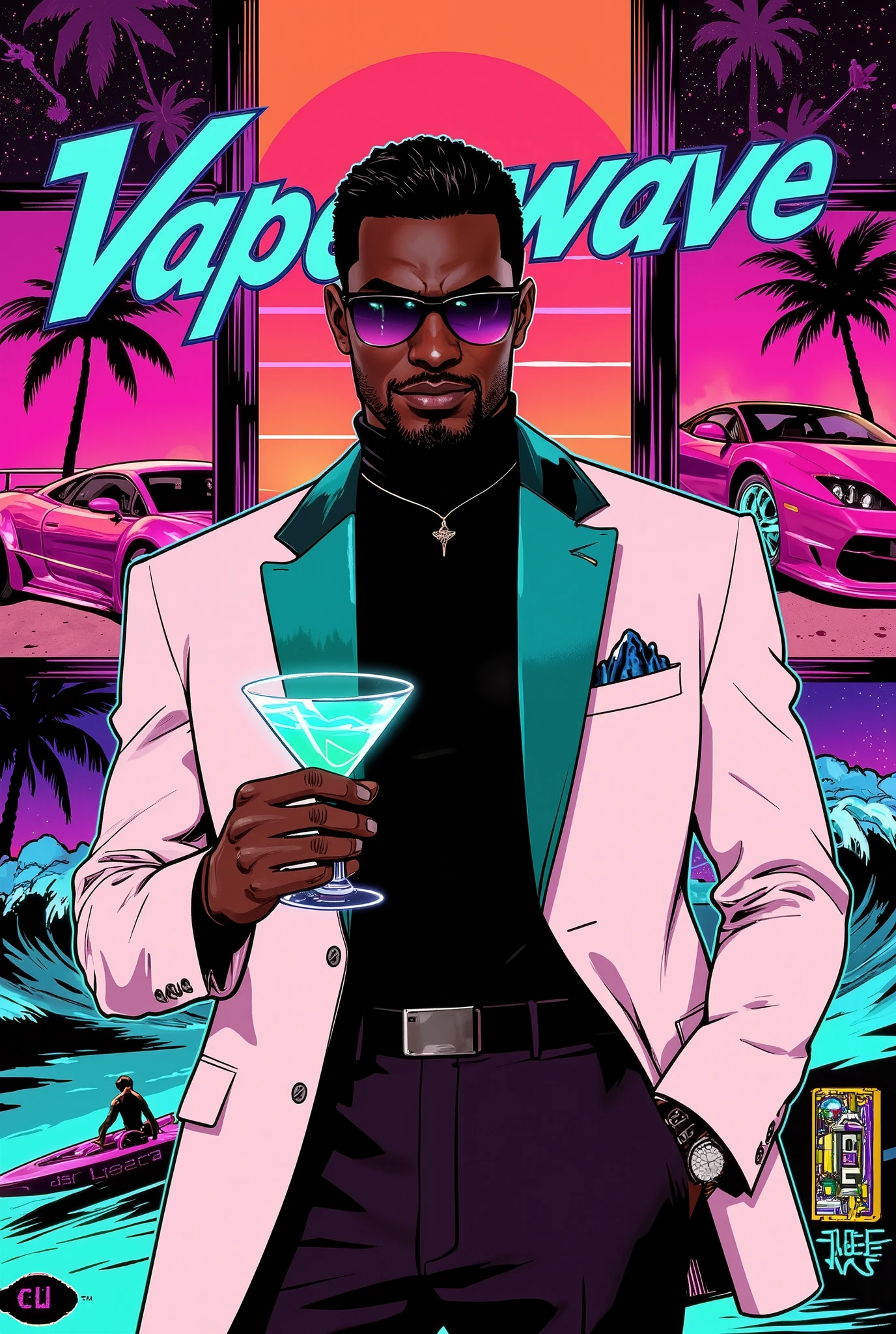 A cinematic, bold, and dynamic vaporwave illustration in the style of classic GTA Vice City game covers, featuring a vibrant collage of retro-futuristic scenes divided into sharply defined neon-bordered panels. Central panel showcases a suave, 30-something Black male character, impeccably dressed in a crisp white blazer with teal satin lapels, a black turtleneck, and dark tailored trousers. He holds a glowing turquoise cocktail glass, his posture relaxed yet confident, a slight smirk playing on his lips. His dark sunglasses reflect the vibrant pink-orange gradient of a stylized digital sunset. Surrounding panels depict: a chrome-accented, futuristic pink and teal sports car speeding along a neon-lit palm-lined highway; a silhouetted surfer riding pixelated waves beneath a purple, star-dusted sky; and a holographic cassette tape spinning amidst glitching digital artifacts. The background is awash in gradients of pink, teal, and purple, evoking a nostalgic Miami nightscape. Bold block lettering, “Vaporwave Dreams,” in a retro-game font dominates the top, accompanied by cursive secondary titles. The overall texture is a blend of smooth, glossy surfaces and pixelated, digital elements. Perspective is a dynamic multi-panel composition, using a close-up shot of the main character and wider shots for the supporting scenes. The lighting is a mix of vibrant neon glows and the soft glow of the digital sunset. Style keywords: Vaporwave, Retro-Futuristic, Cyberpunk, Miami Vice, 80s aesthetic, Digital Collage, Glitch Art, Cinematic Lighting, Wide Angle lens.