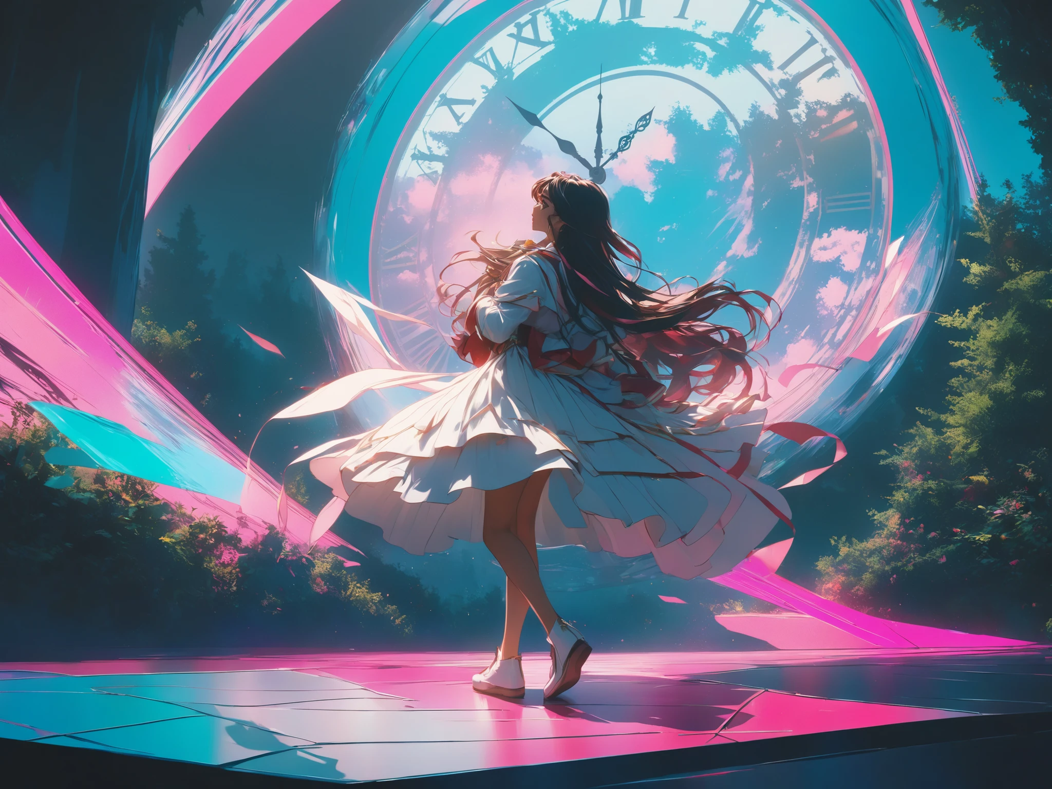 (Shoujo Kakumei Utena Style shadow picture:1.5),(sシルエット) ,(vaporwave:1.5),Cyber nostalgia explosion,Glitch Effects,pink gradation, (masterpiece, best quality:1.2, 8k,16k,high-resolution,(Mirror clock:1.3)（Dark Forest:1.3),Fantasy World、It suddenly happened one day, and the beginning was a letter, and the sender lived a long time ago, such a mysterious encounter

There are things like this in my time now, and we live like this, a romance that somehow blossomed while we were putting it into letters and communicating with each other

Words spelled from each of our worlds that we will never meet without even knowing how to solicit feelings

I'm always waiting impatiently for your words, I live in a different era, but I want to communicate with you over and over again if your wishes come true, I want to meet you because it's fine at first sight because I like you

What I suddenly remembered was the era you live in, what will happen tomorrow, if I have to tell you sad things, please wake up, miracle

Passing by and the changing seasons, letters that have been interrupted since then, only words that don't arrive anymore tighten my heart

I'm still walking in the future that you wanted to see 100 years far away, now I'm still walking, the letter that arrived to me with painful feelings in my heart looks familiar and the characters I've been waiting for

It's the last love letter you wrote to me beyond that day, I'll hold on to the proof that you lived in your time even after eight generations, and I'm going to tell you all that I see in my time someday