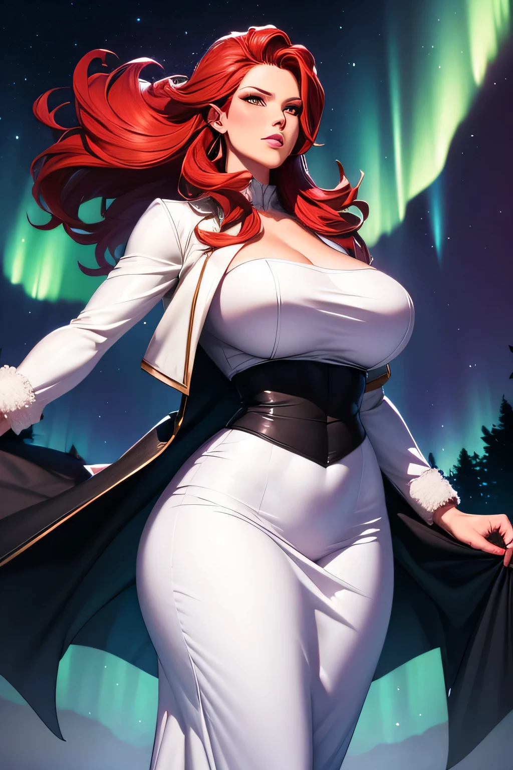 sorceress. sexy white robe, black panties, red hair, blank background, white background