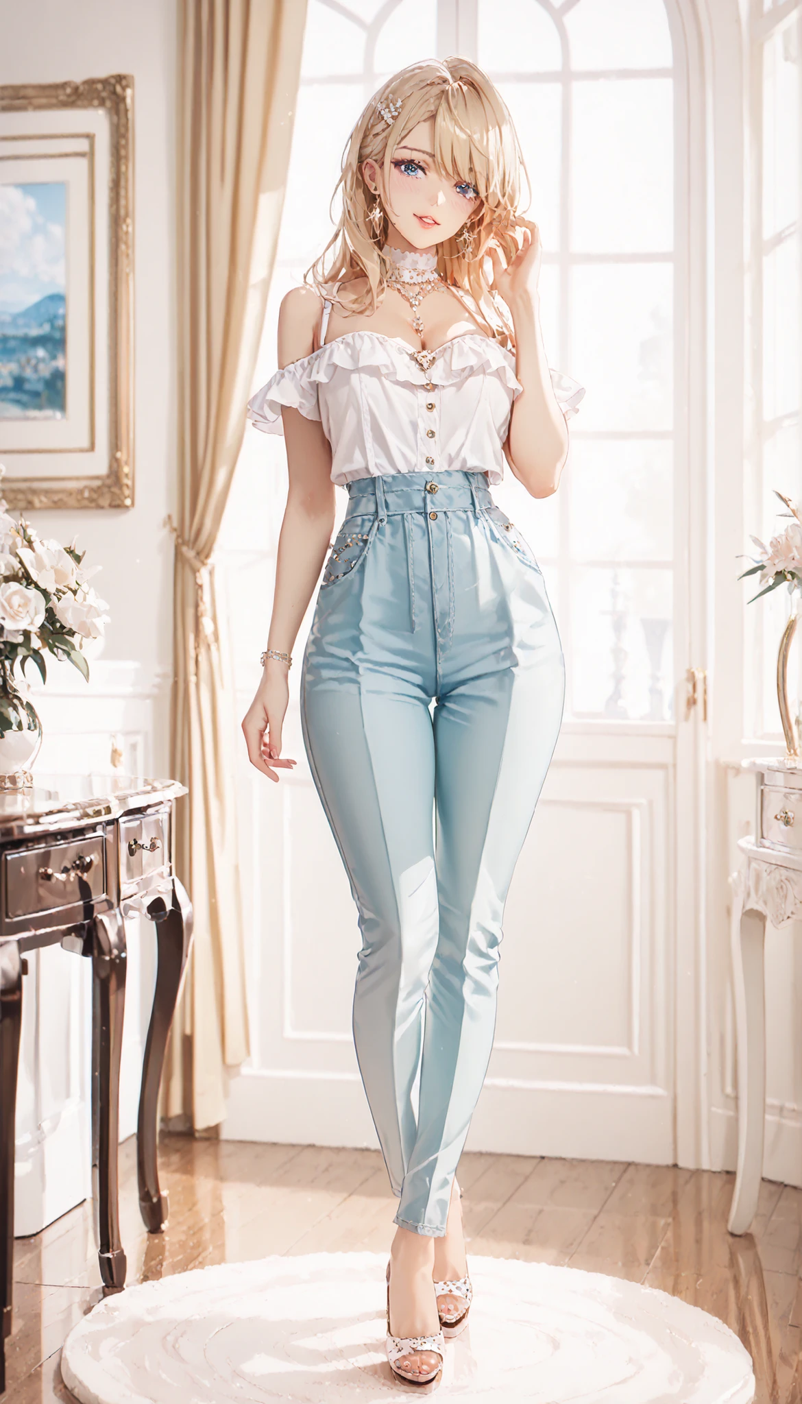((top quality)), ((masterpiece)), ( details), perfect face, A 28-year-old French fashion model with straight, shoulder-length blonde hair and blue eyes, standing as a living mannequin inside a luxury fashion boutique's window display. She wears a bold and expressive Spring/Summer ensemble: a flowing asymmetrical chiffon blouse in a soft pastel gradient, paired with high-waisted, wide-leg linen trousers in a crisp ivory tone. The blouse features delicate ruffles along the sleeves and a deep V neckline, adorned with subtle embroidery. Accessories include minimalist gold earrings and strappy nude heels. Her outfit reflects cutting-edge trends with a balance of elegance and individuality. The setting is sunlit and modern, with a minimalist backdrop to highlight the clothing. Editorial fashion photography style, with Parisian chic vibes
